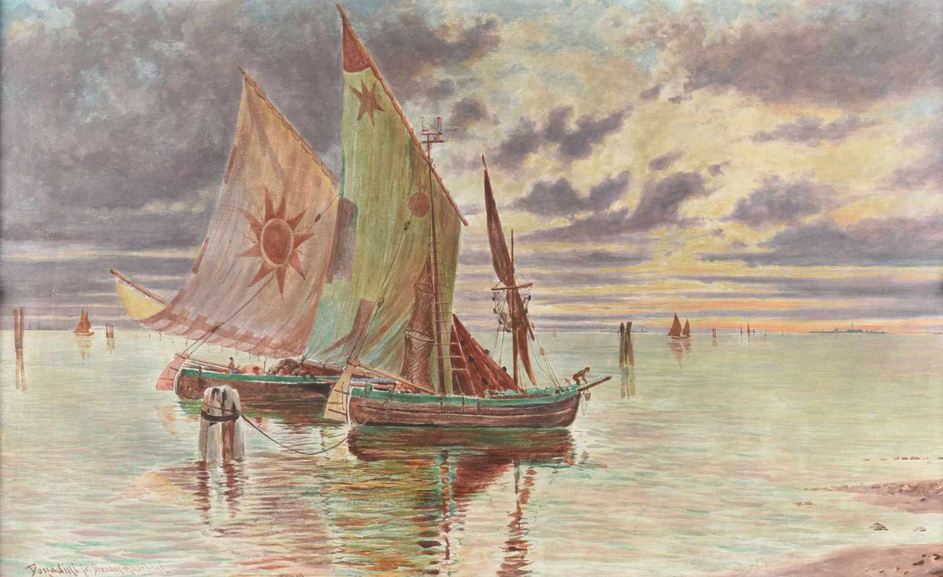 Donadini, Carlo (1876 Wien - 1955 Dresden) Öl/Lwd., Seestück, Segelboote in der Bucht vor Venedig, - Bild 2 aus 4
