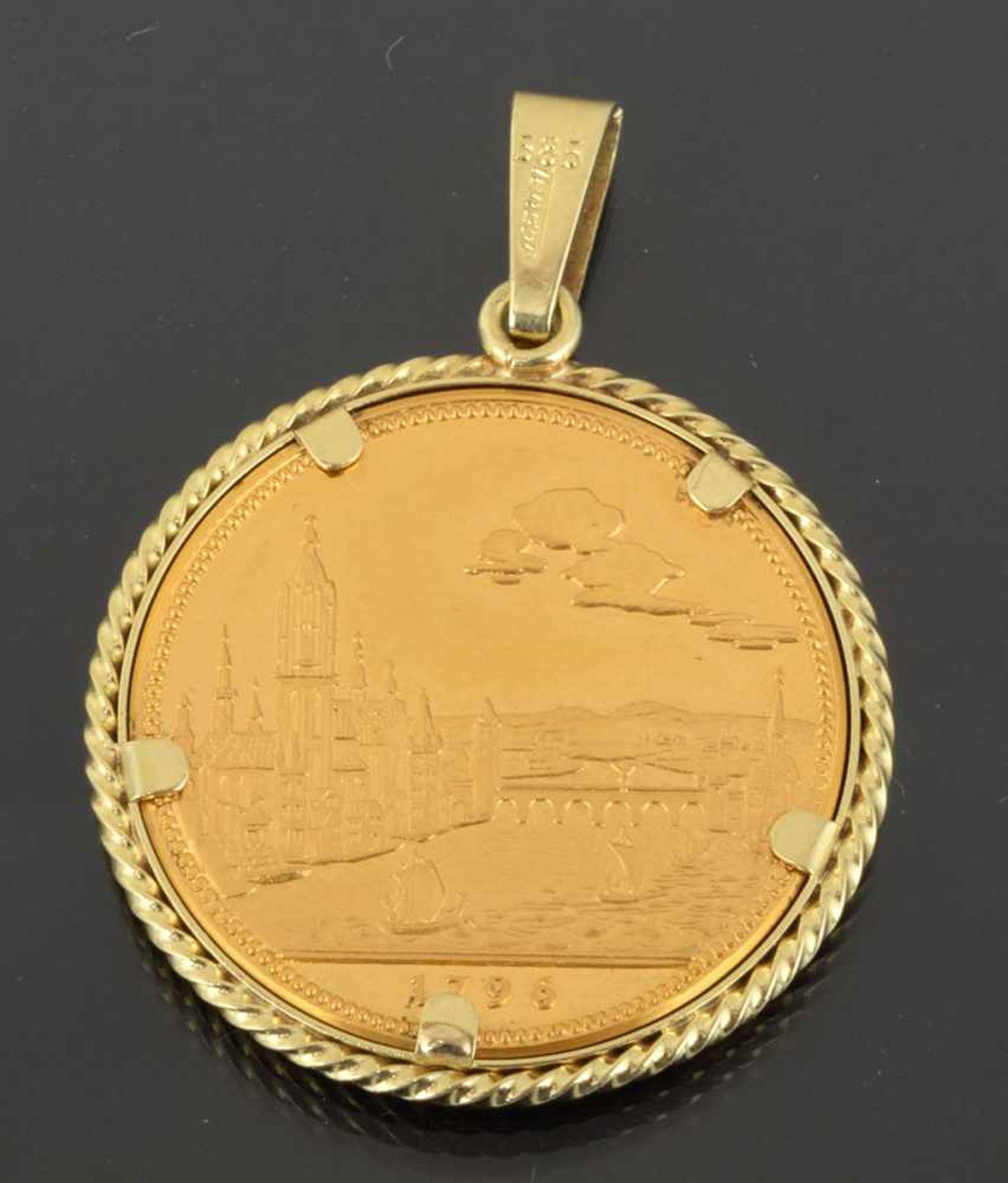 Frankfurter Schmuckanhänger GG 585, gefasste Medaille, vorn alte Stadtansicht von Frankfurt am Main, - Bild 3 aus 3