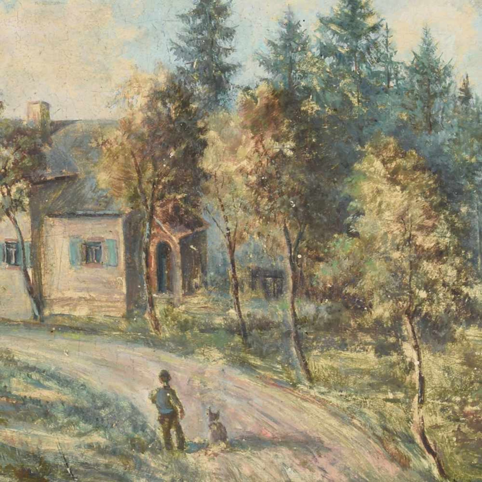 Neumeier, Wilhelm (1893 München - ?) Öl/Hartfaser, Landschaft mit Haus und Person auf dem Zuwege,