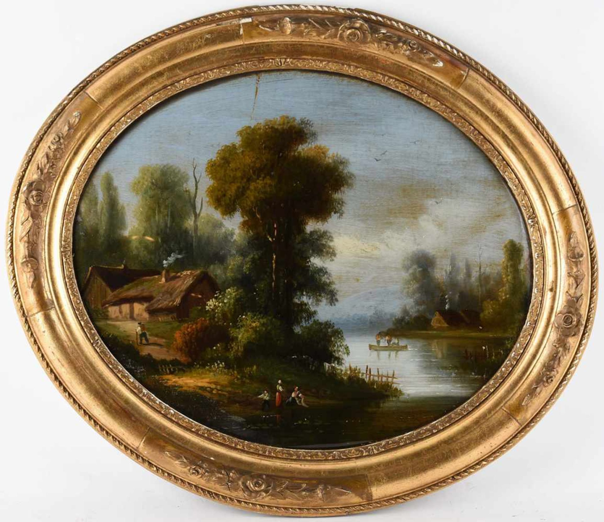 Hinterglasmalerei Darstellung einer romantischen Flusslandschaft mit Architektur- und - Bild 3 aus 3