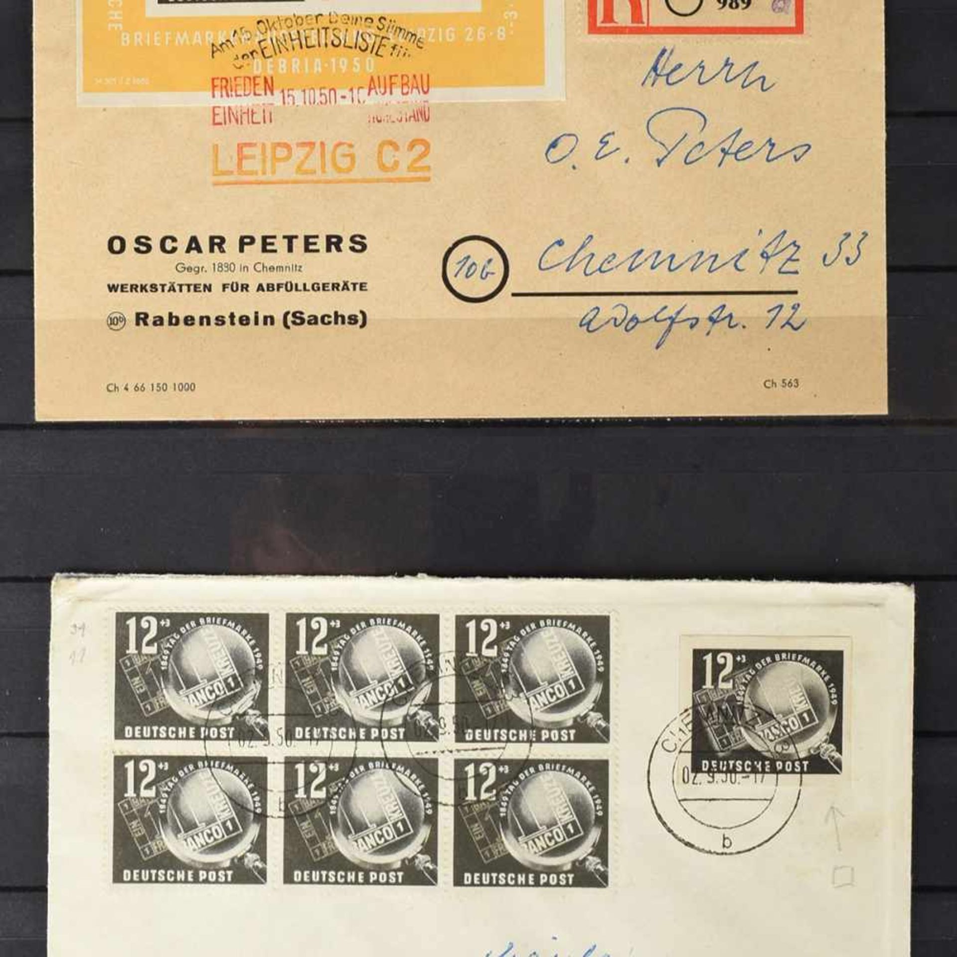 Briefe zum Debria-Block DDR insg. 3 versch. Ausgaben: 1 x Einschreiben von Leipzig nach Chemnitz,