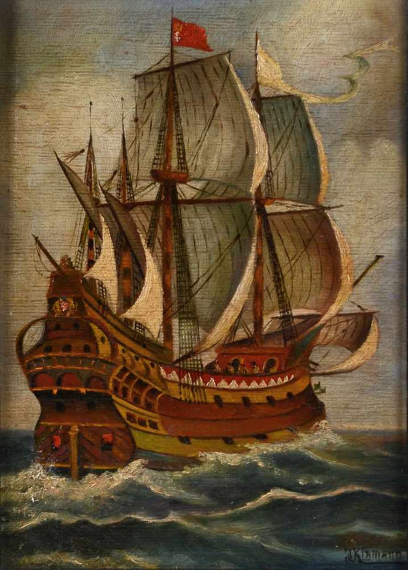 Klamann, J. Öl/Hartfaser, imposantes barockes Segelschiff in voller Takelage auf hoher See, rechts - Bild 2 aus 4
