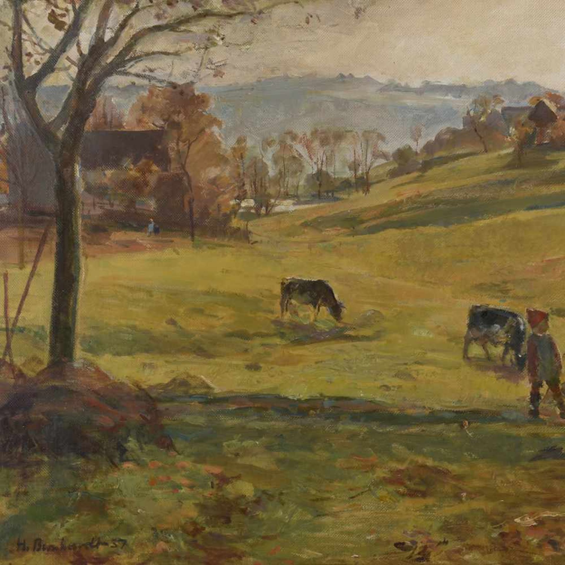 Bernhardt, Helmut (1905 Berlin - war tätig in Chemnitz) Öl/Malpappe, Landschaft mit Kindern als