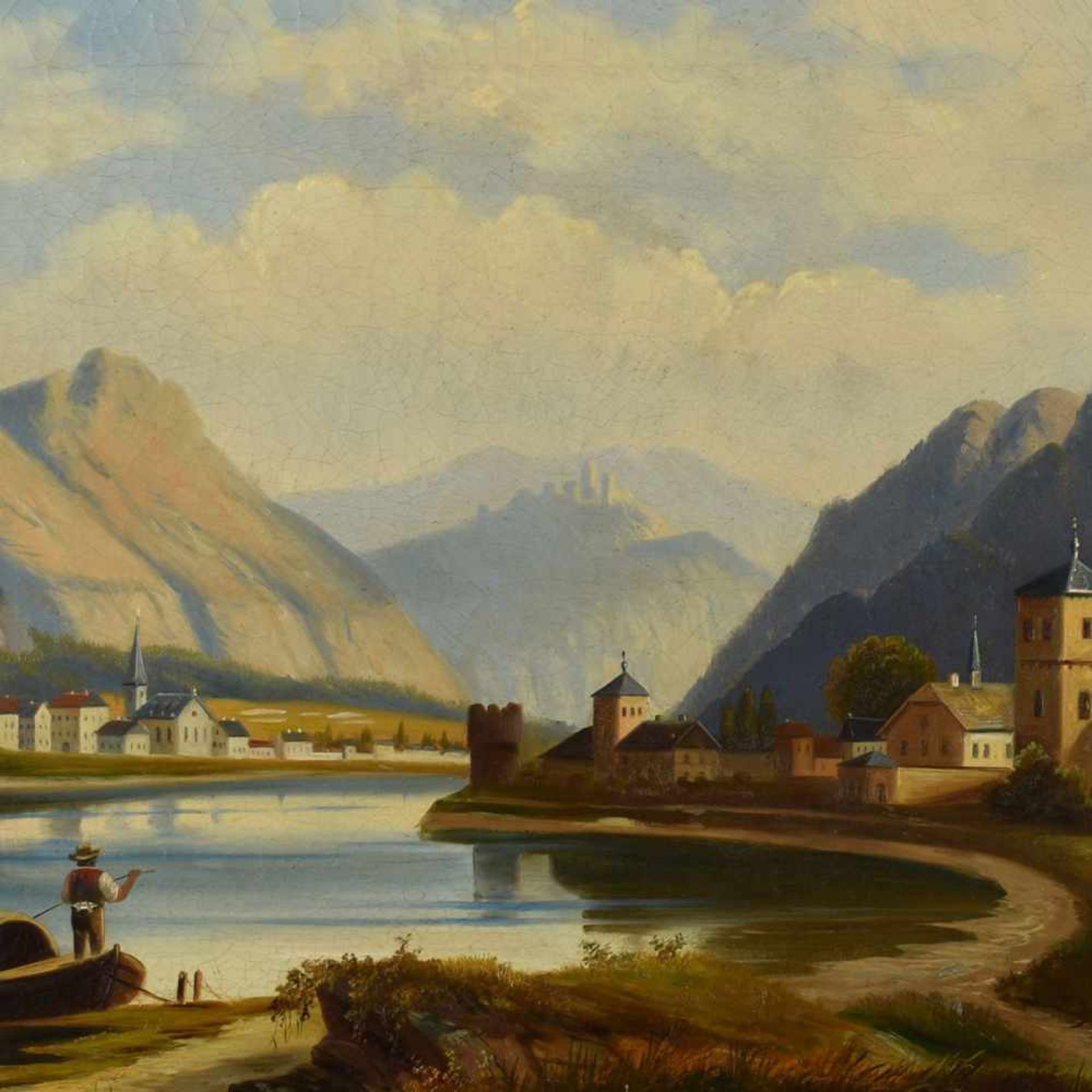 Schreiber, W. Öl/Lwd., Rheinlandschaft mit Personenstaffage, rechts unten signiert, gerahmt, ca.