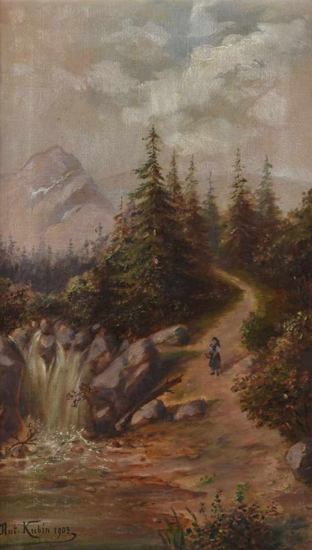 Kubin, Anton Öl/Lwd., Berglandschaft mit Wasserfall und Figurenstaffage, links unten signiert und - Bild 2 aus 3