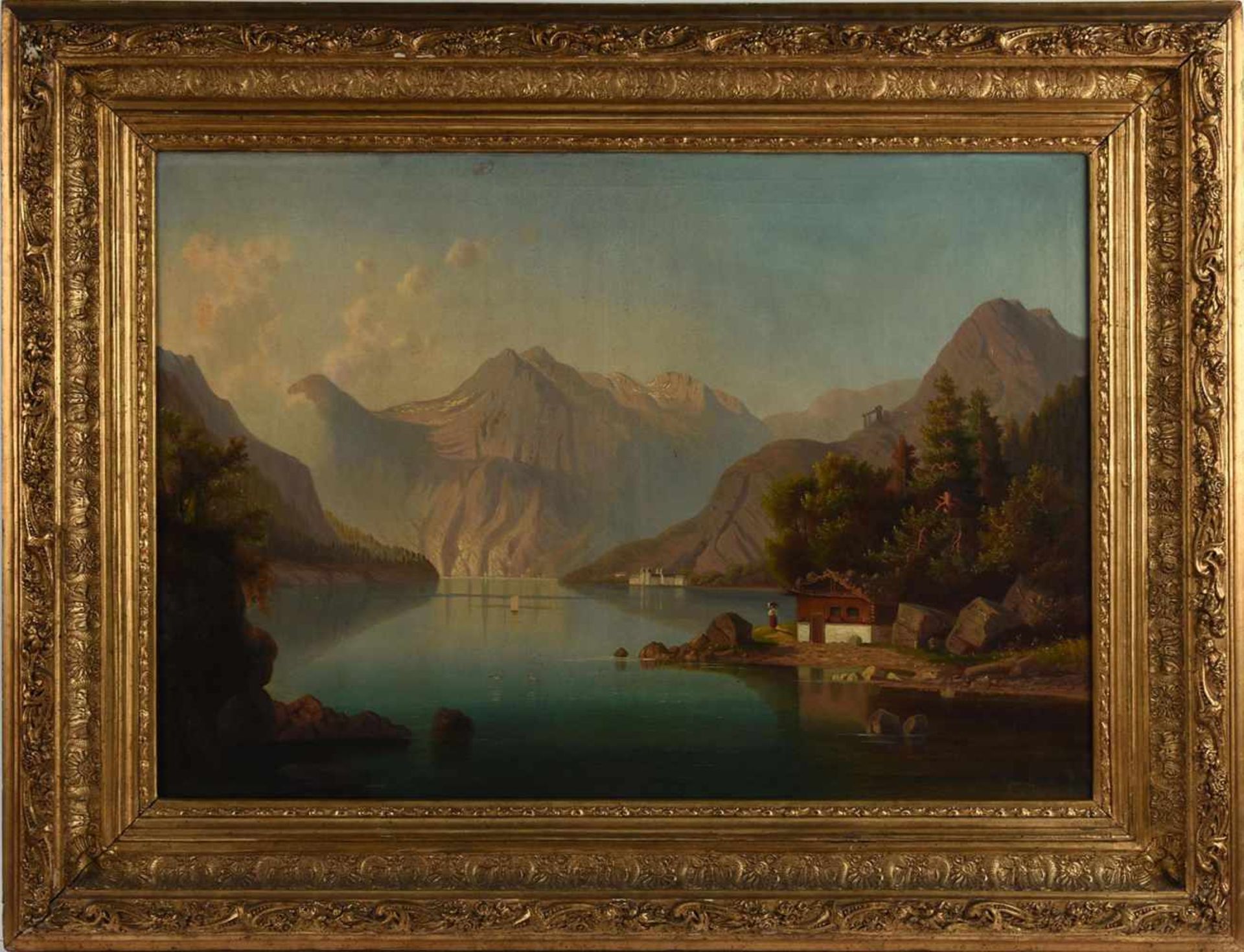 Undeutlich signiert Öl/Lwd., Voralpenlandschaft mit See, rechts unten signiert, Prunkrahmung mit - Bild 3 aus 4