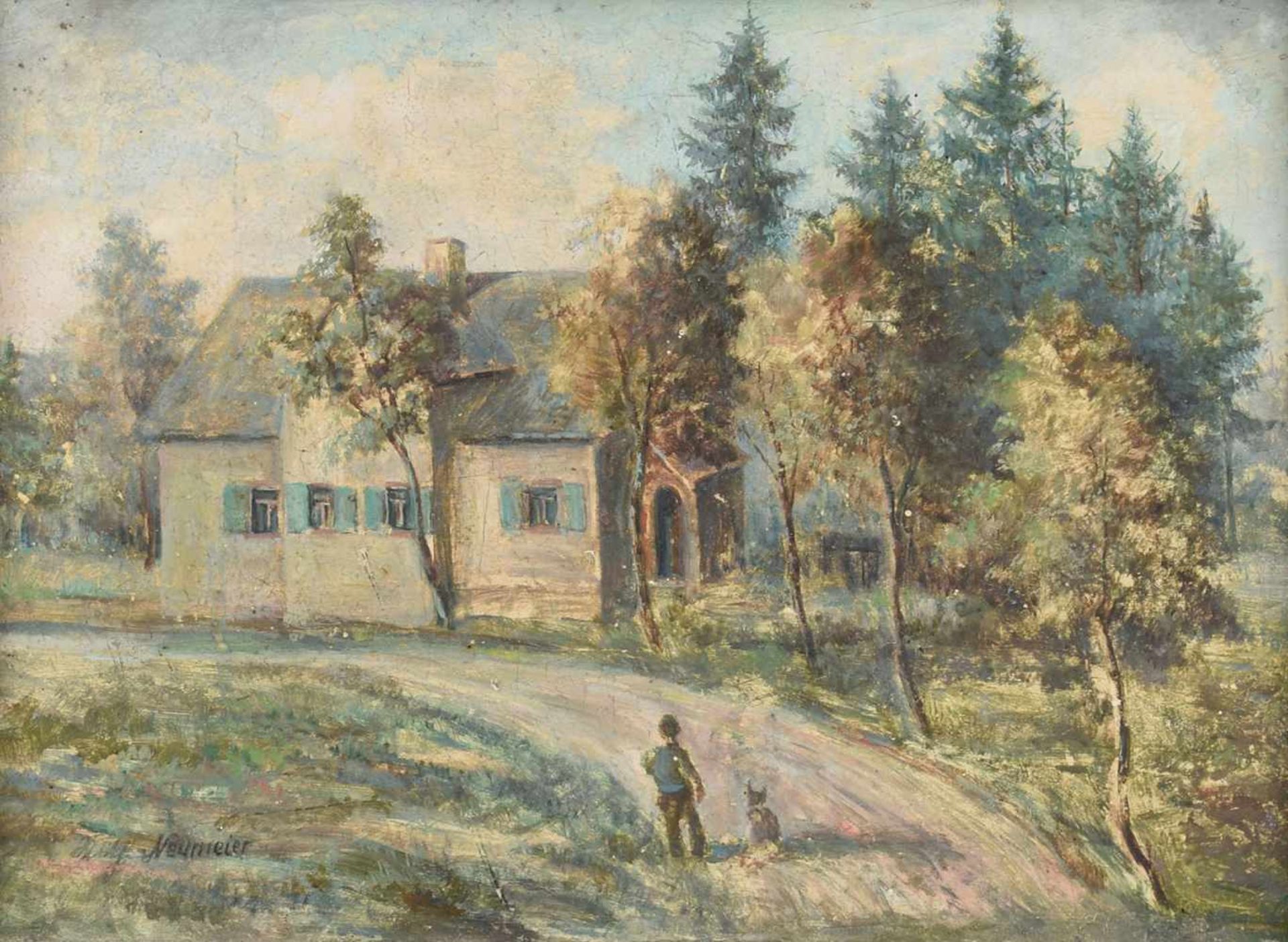 Neumeier, Wilhelm (1893 München - ?) Öl/Hartfaser, Landschaft mit Haus und Person auf dem Zuwege, - Bild 2 aus 4