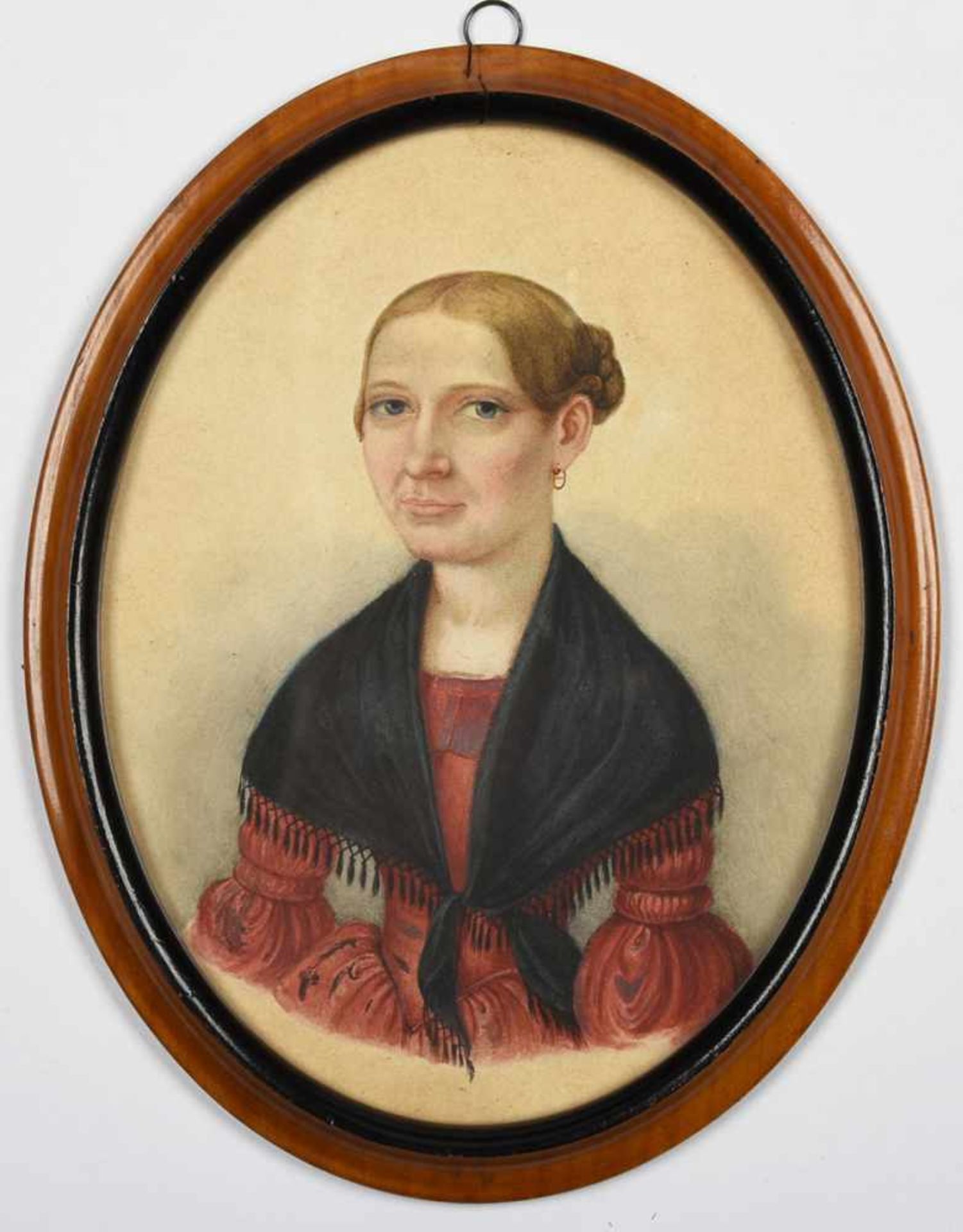Biedermeier-Porträtbildnis Mischtechnik auf Papier, Halbstück einer jungen Frau im taillierten roten - Bild 2 aus 2