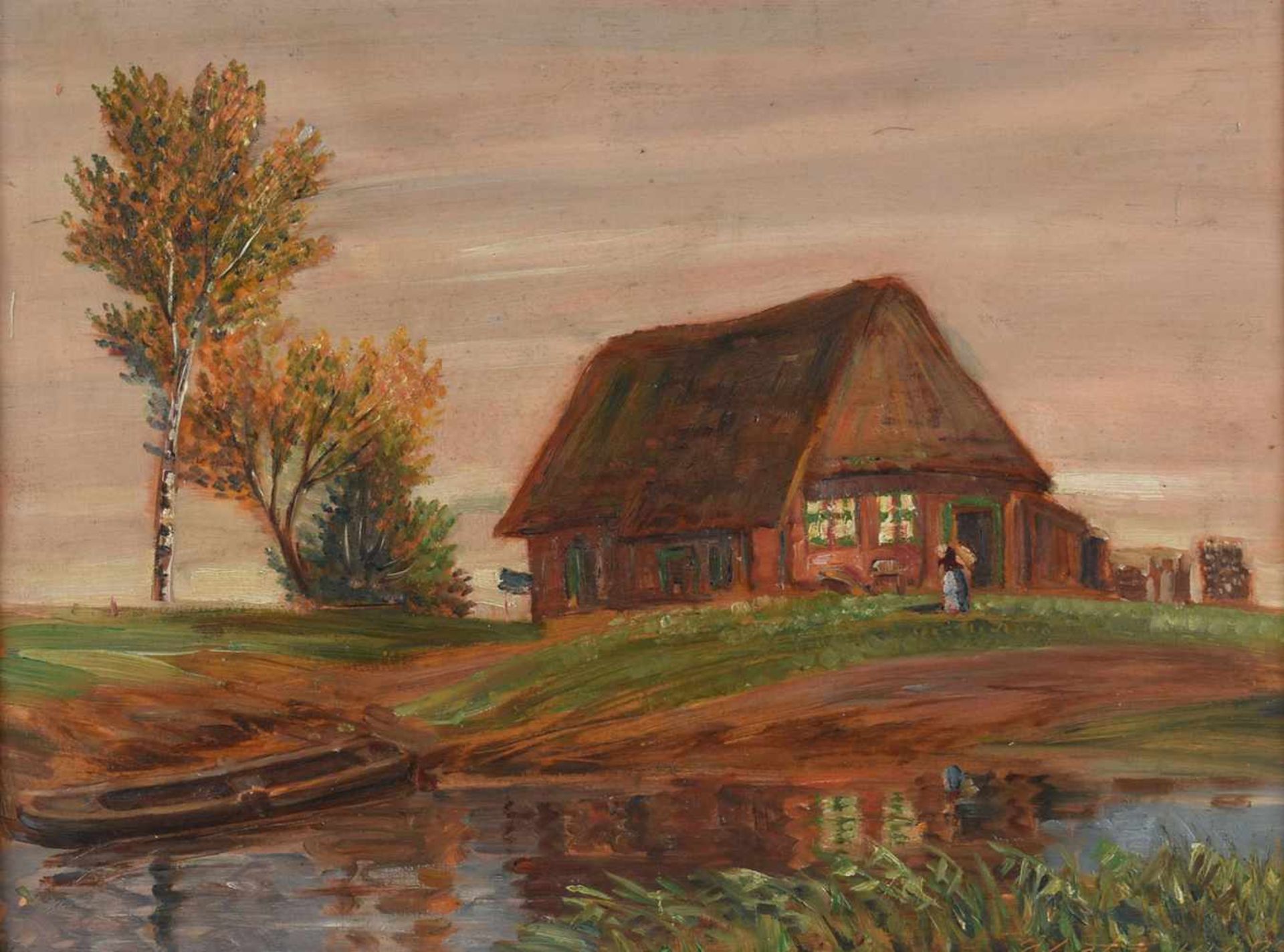 Undeutlich signiert Öl/Holz, Bauernhaus, reetgedecktes Backsteinhaus am seichten Ufer gelegen, - Bild 2 aus 4