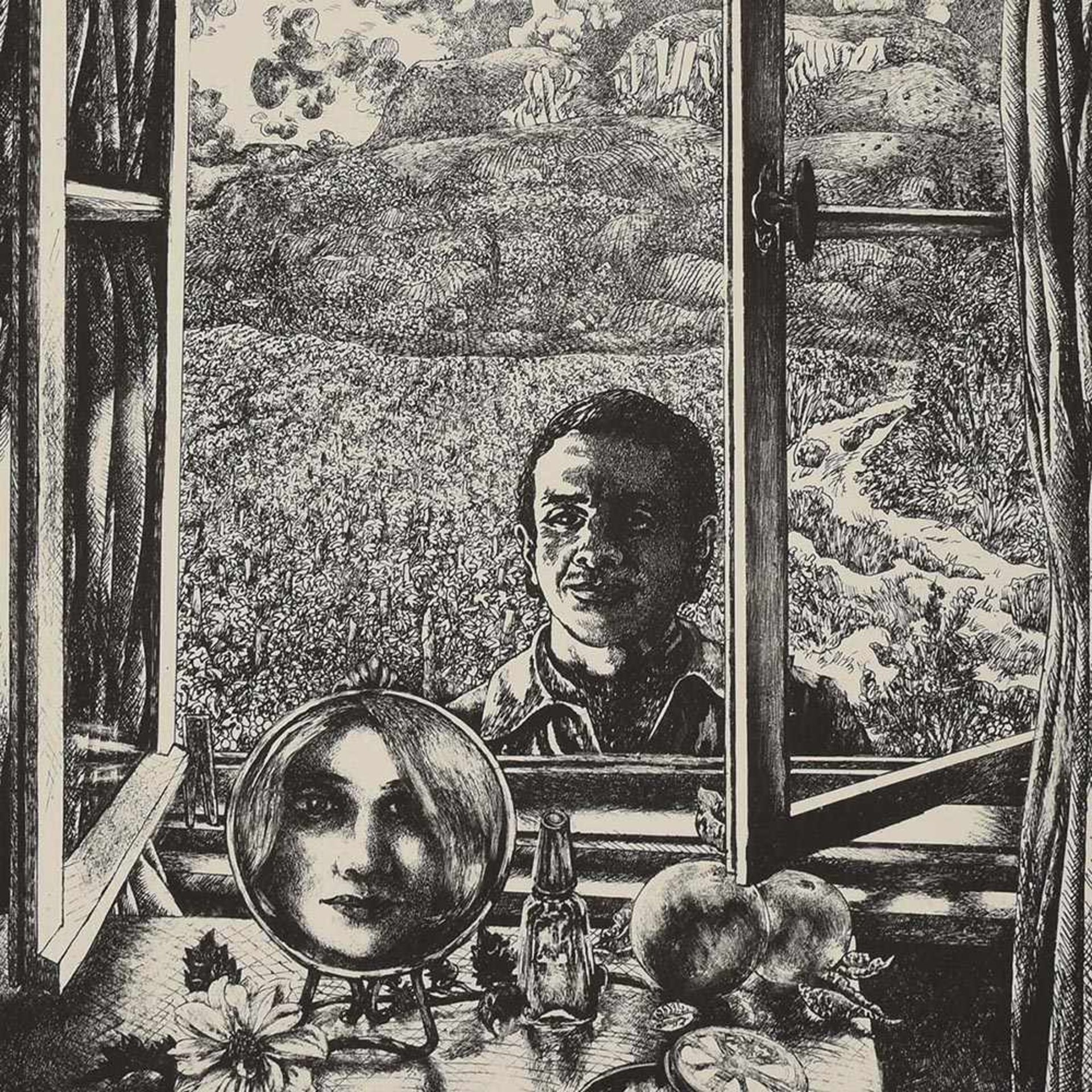 Mattheuer-Neustädt, Ursula (1926 Plauen - tätig in Leipzig) Lithografie, Mann am Fenster, im Inneren