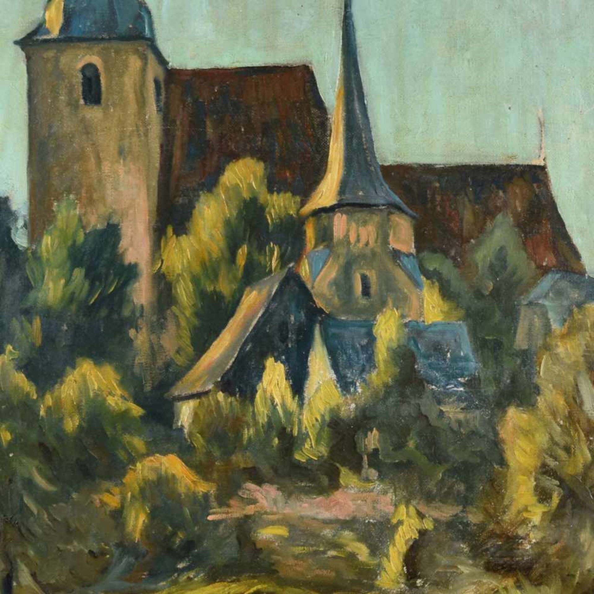 Unsigniert Öl/Lwd., Ansicht der Stiftskirche in Ebersdorf, gerahmt, ca. 50 x 40 cm, mit Rahmen ca.