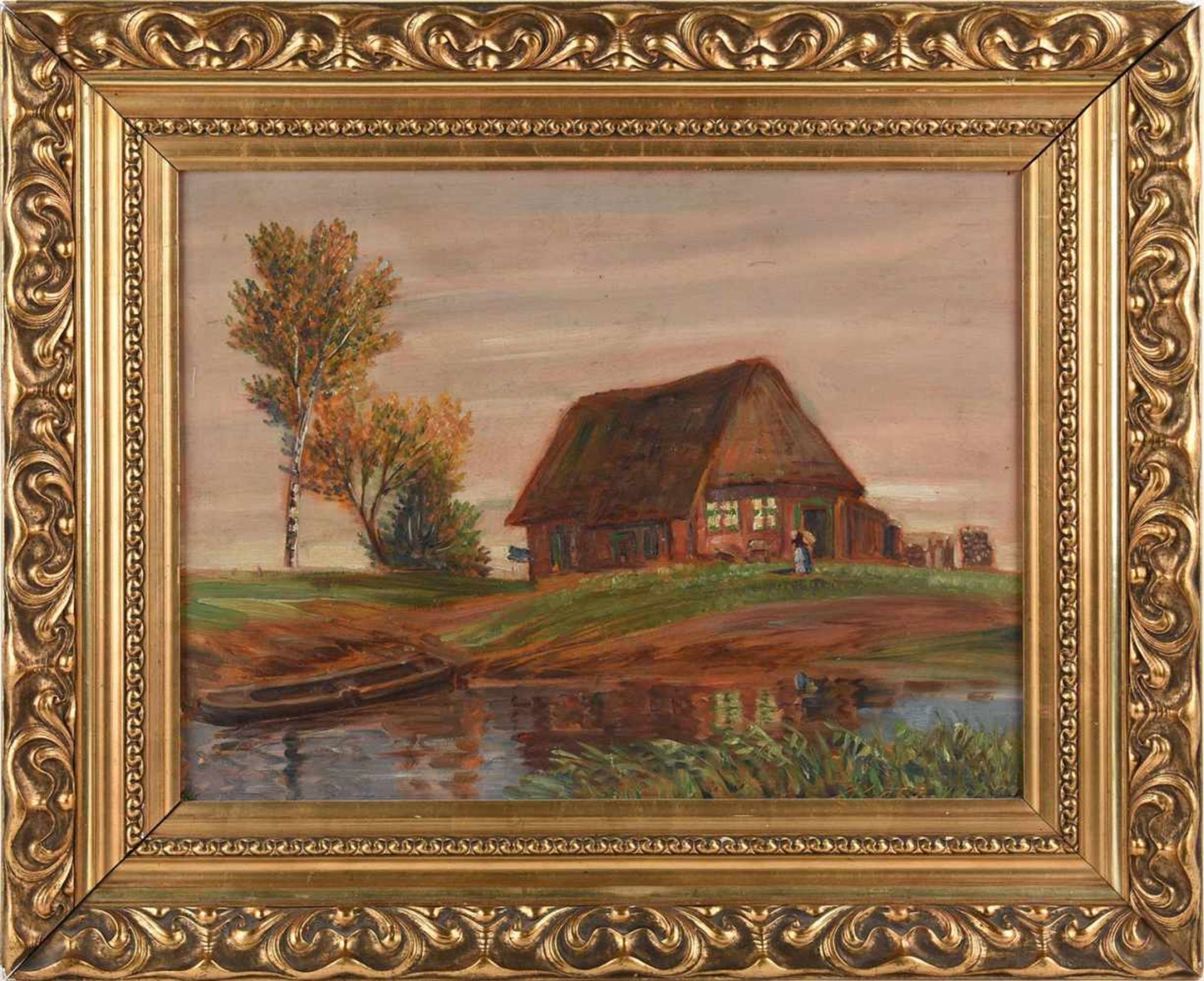 Undeutlich signiert Öl/Holz, Bauernhaus, reetgedecktes Backsteinhaus am seichten Ufer gelegen, - Bild 3 aus 4