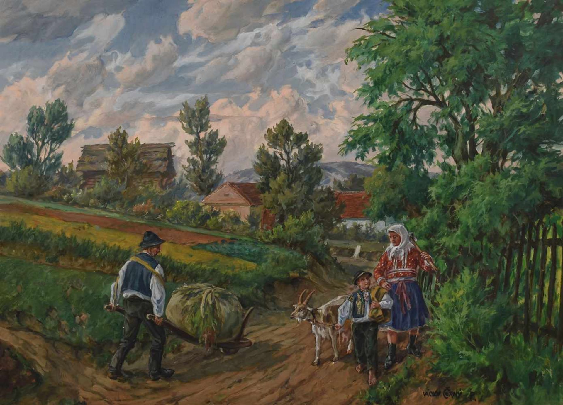 Cerny Öl/Lwd., bäuerliche Szene, gerahmt, ca. 75 x 99 cm, mit Rahmen ca. 87,5 x 110,5 cm, zweite - Bild 2 aus 4