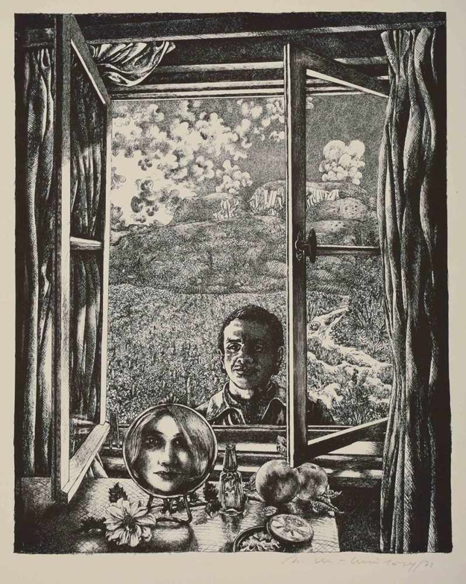 Mattheuer-Neustädt, Ursula (1926 Plauen - tätig in Leipzig) Lithografie, Mann am Fenster, im Inneren - Bild 2 aus 3