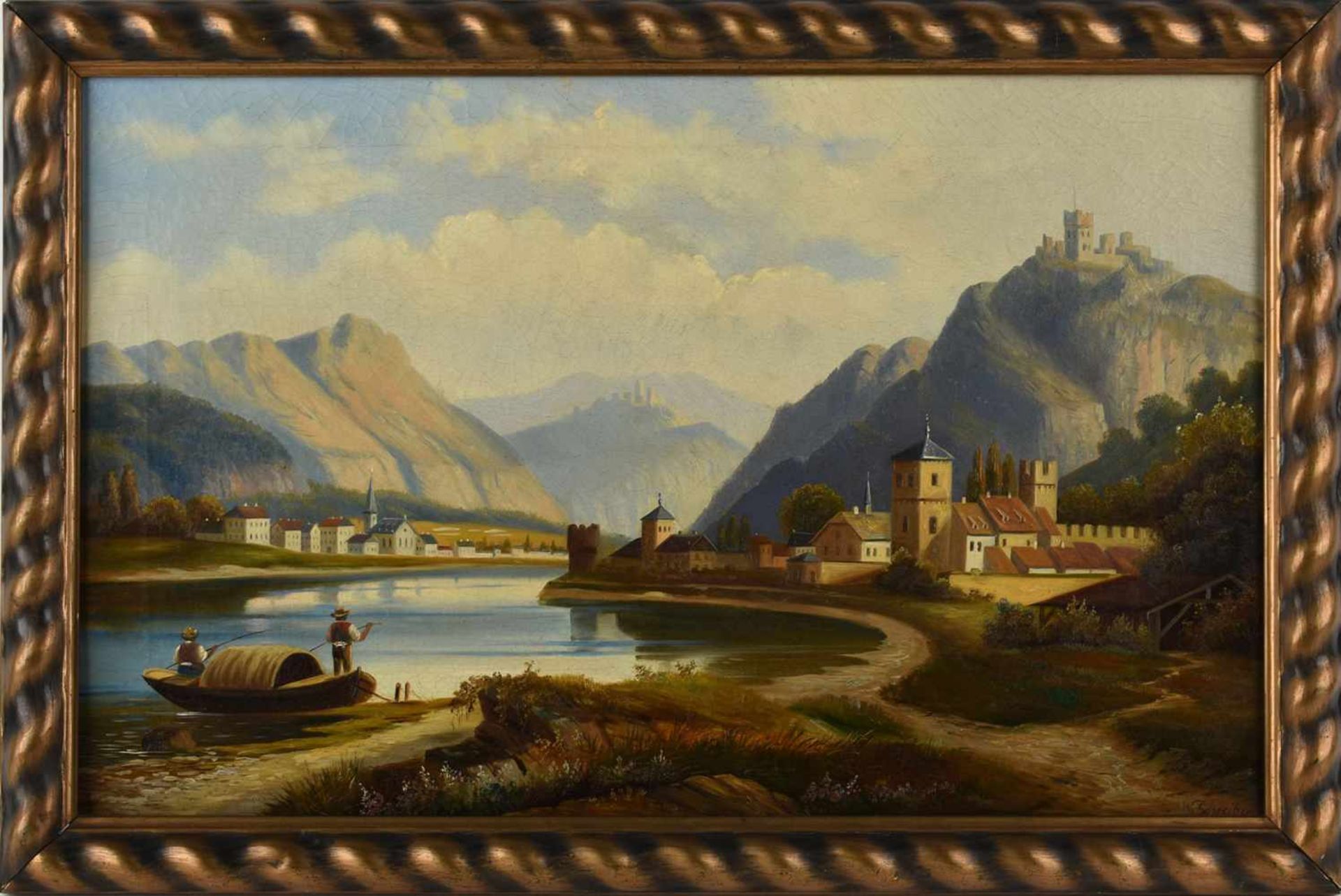 Schreiber, W. Öl/Lwd., Rheinlandschaft mit Personenstaffage, rechts unten signiert, gerahmt, ca. - Bild 3 aus 4