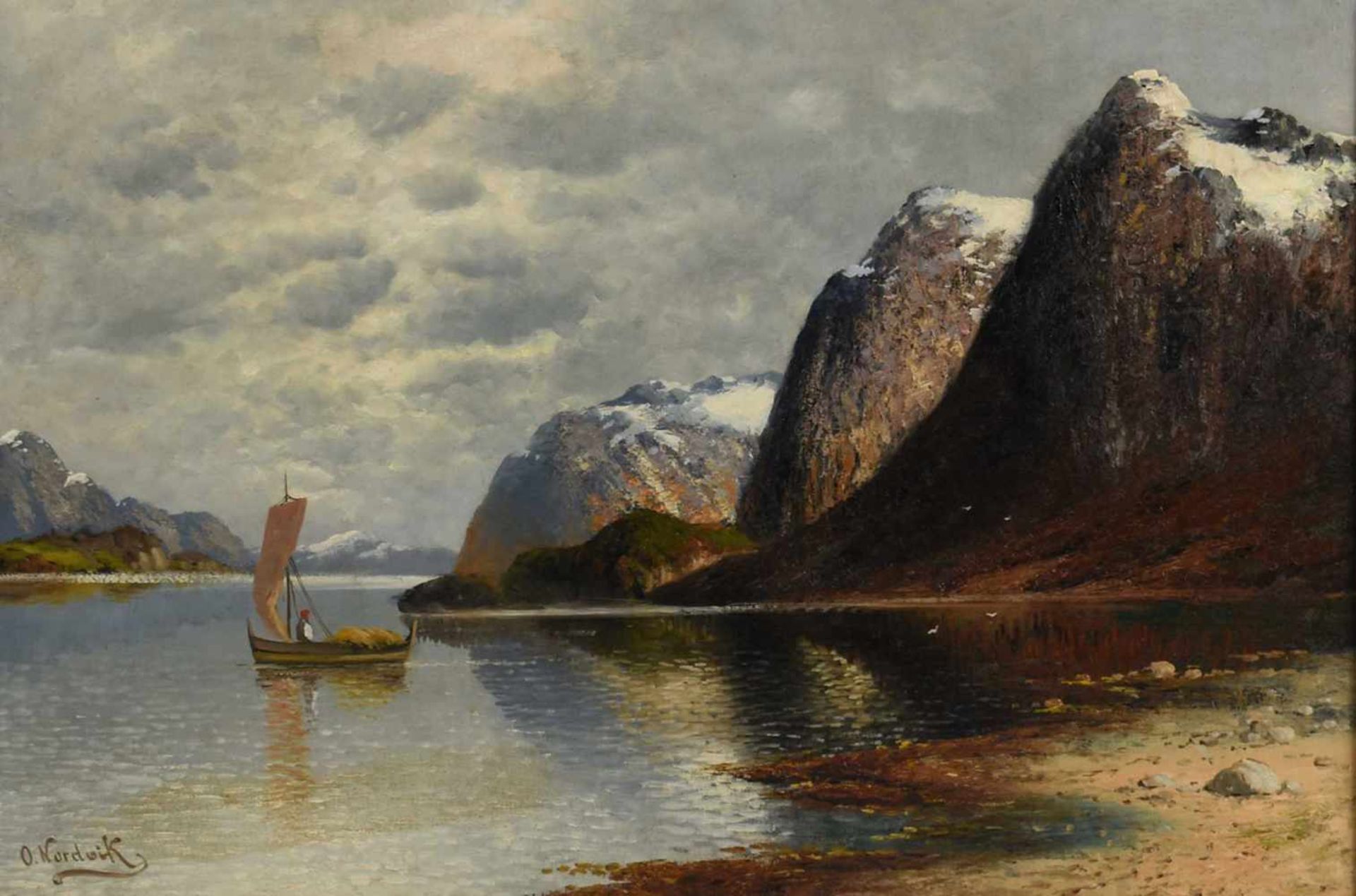 Nordwik, O. Öl/Lwd., Fjordlandschaft mit Fischerboot, links unten signiert, breite - Bild 2 aus 4