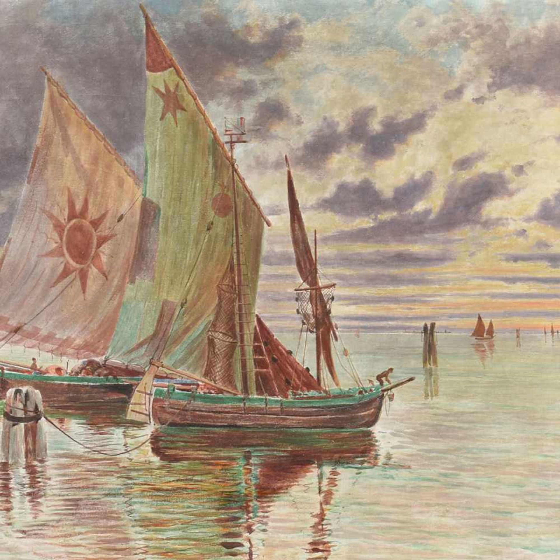 Donadini, Carlo (1876 Wien - 1955 Dresden) Öl/Lwd., Seestück, Segelboote in der Bucht vor Venedig,