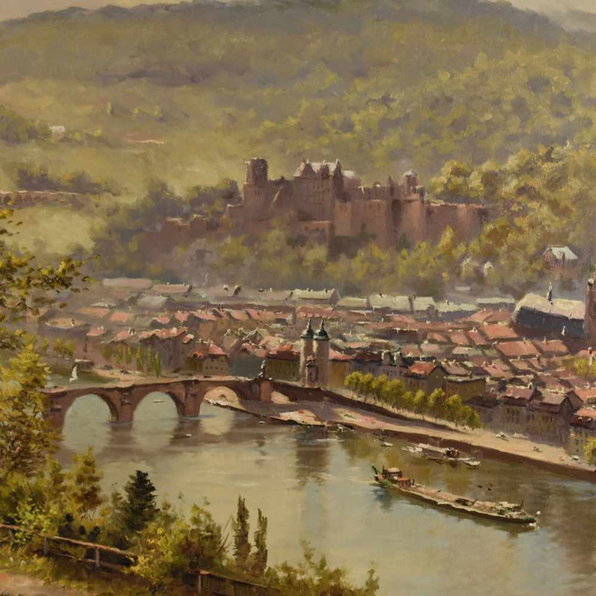 Thomas Öl/Lwd., Blick über den Neckar auf Heidelberg mit der Schlossruine, links unten signiert,