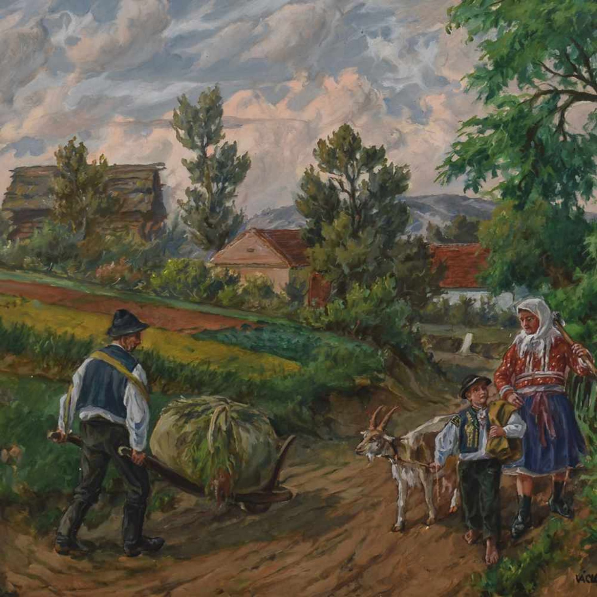 Cerny Öl/Lwd., bäuerliche Szene, gerahmt, ca. 75 x 99 cm, mit Rahmen ca. 87,5 x 110,5 cm, zweite