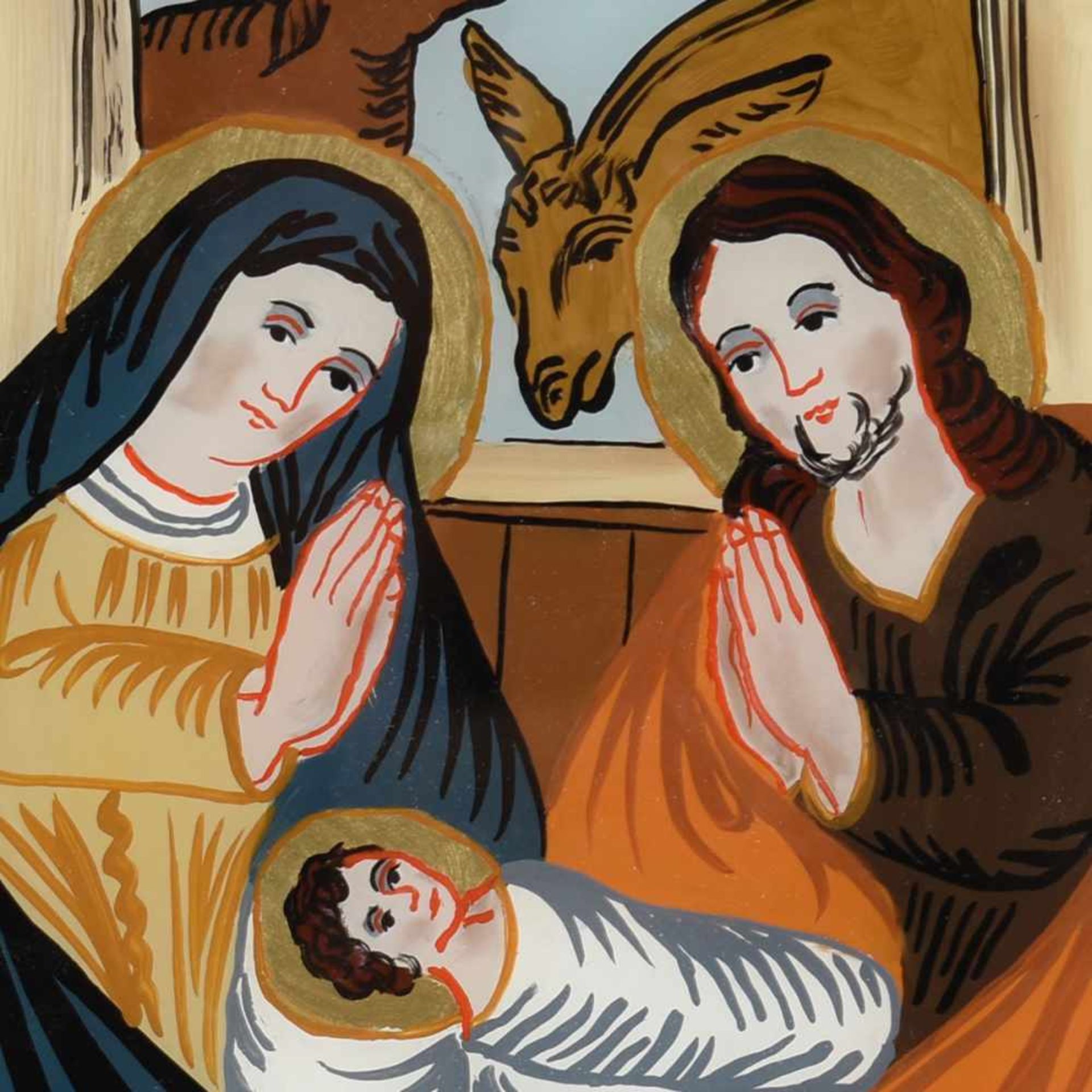 Hinterglasmalerei Geburt Christi, Maria und Josef im Stall das Kind anbetend, in Holzrahmen im