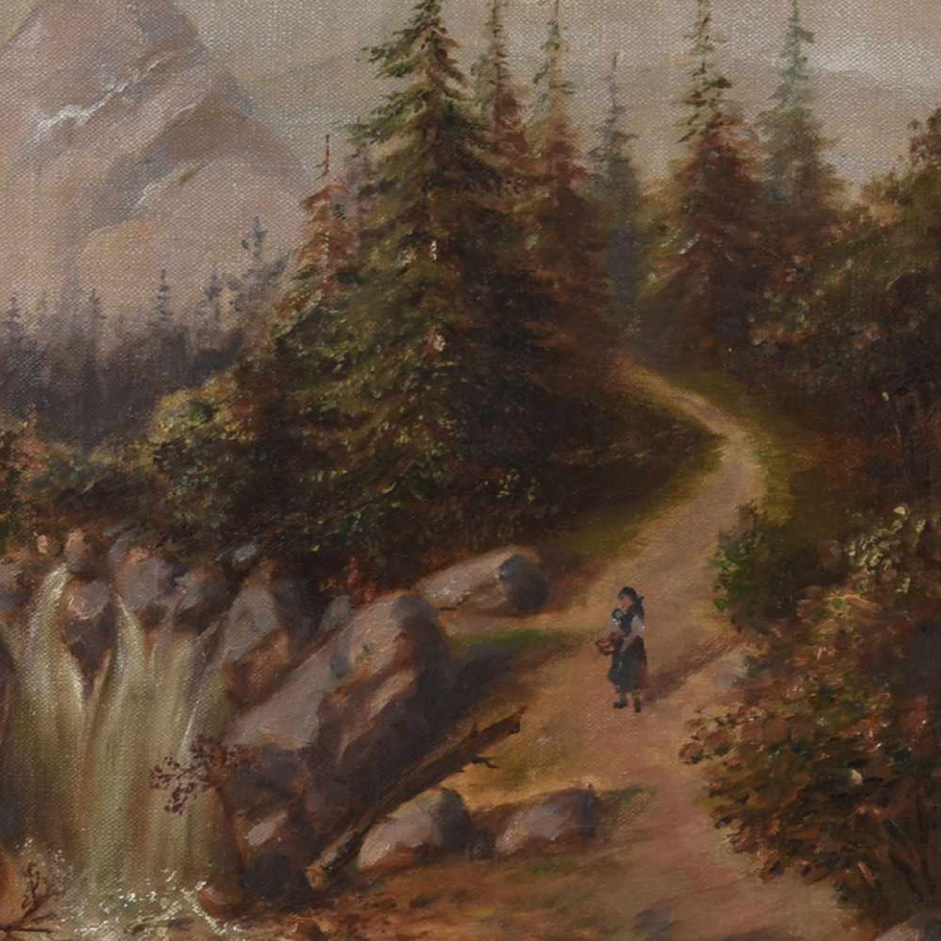 Kubin, Anton Öl/Lwd., Berglandschaft mit Wasserfall und Figurenstaffage, links unten signiert und