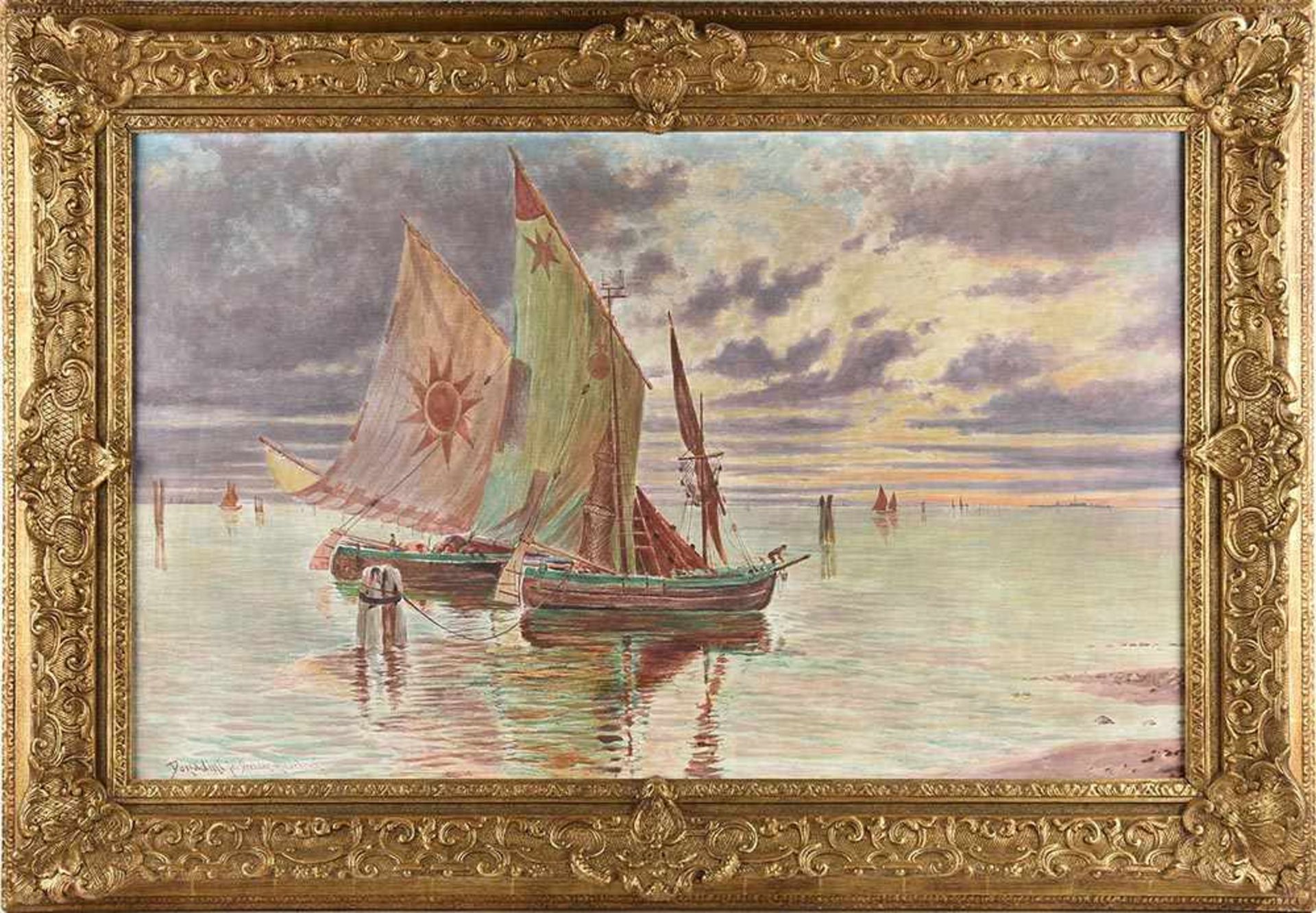 Donadini, Carlo (1876 Wien - 1955 Dresden) Öl/Lwd., Seestück, Segelboote in der Bucht vor Venedig, - Bild 3 aus 4
