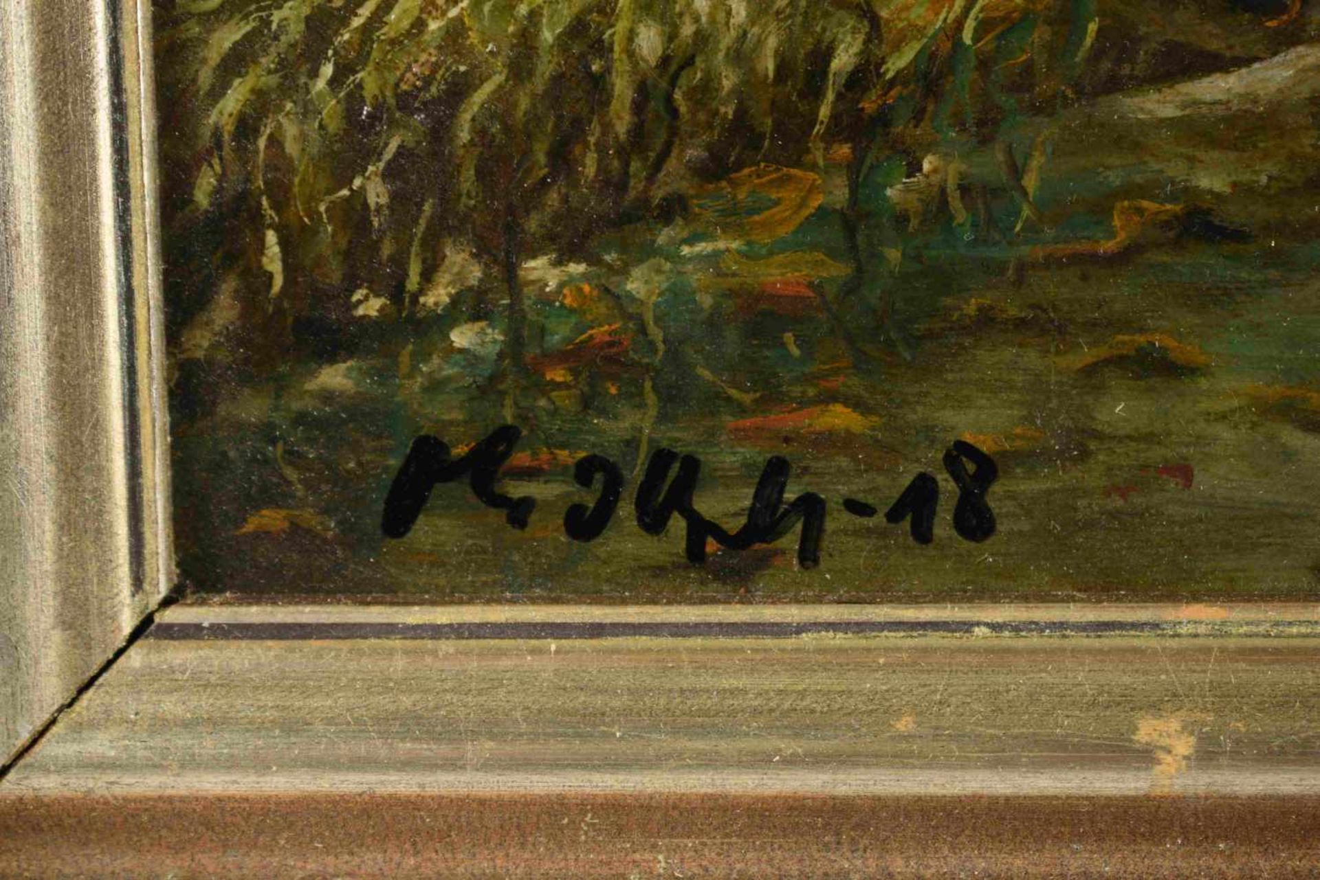 Undeutlich signiert Öl/Karton, Waldlandschaft mit Bachlauf, links unten signiert und (19)18 datiert, - Bild 4 aus 4
