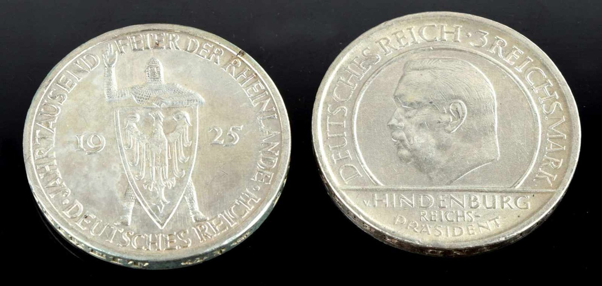 Paar Silbermünzen Weimarer Republik 1 x 3 Reichsmark "Jahrtausendfeier der Rheinlande" 1925 (J) - Bild 2 aus 3