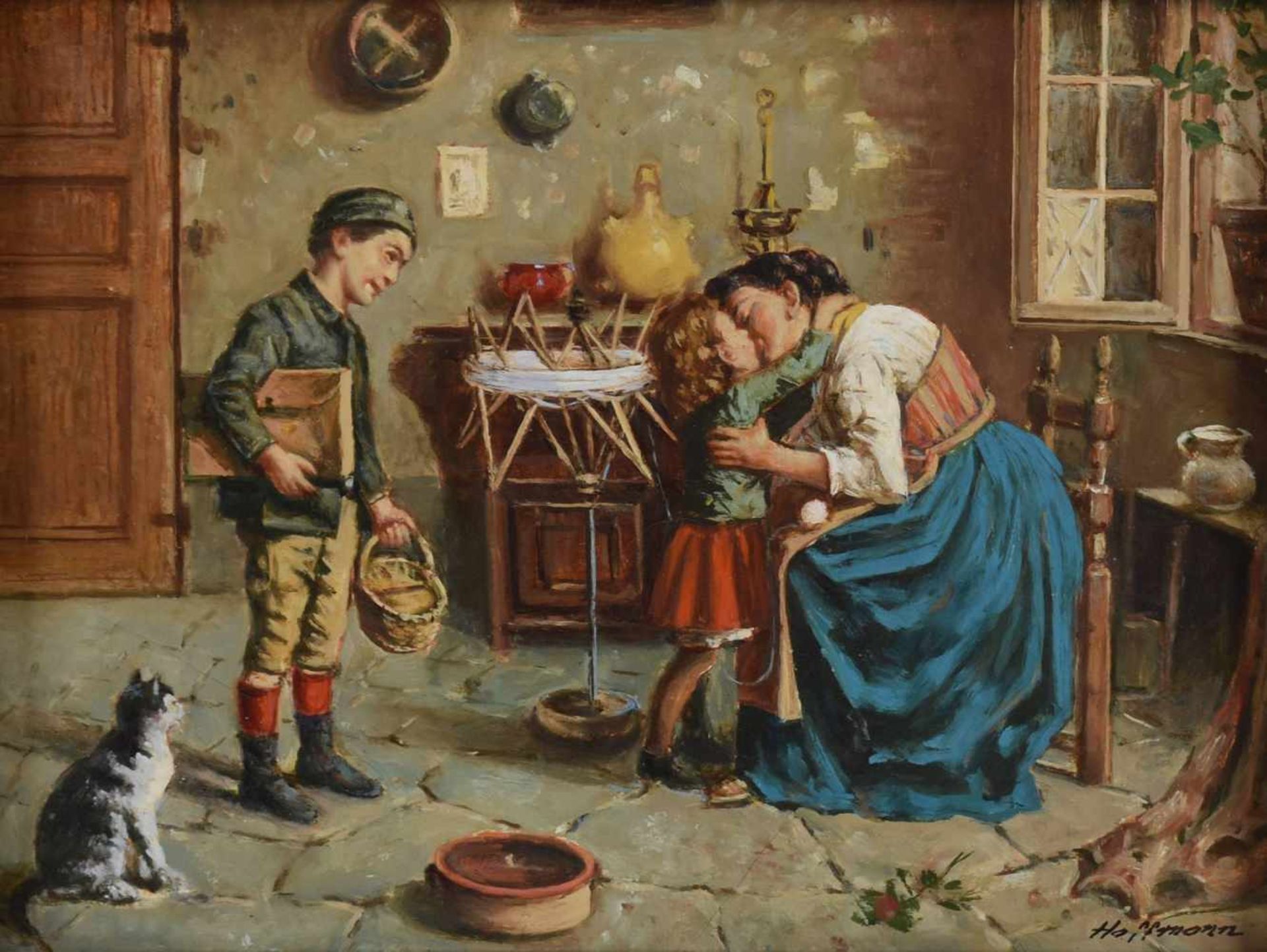 Hoffmann Öl/Lwd., "Verabschiedung von der Mutter", rechts unten signiert, gerahmt, ca. 30 x 40 cm, - Bild 2 aus 4
