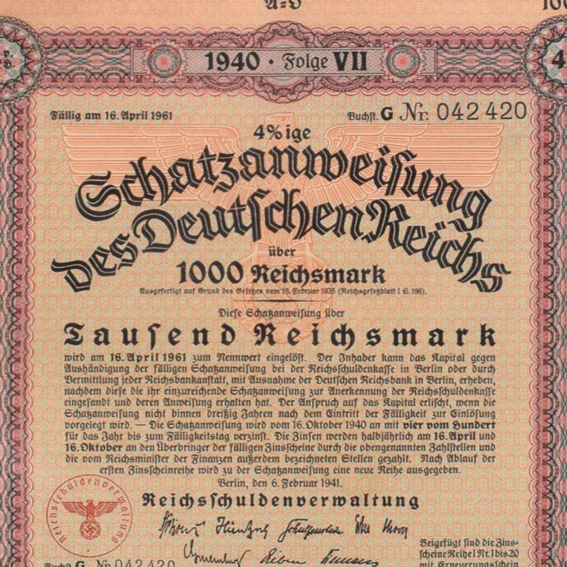 Konvolut historische Schatzanweisungen insg. 6 Ausgaben aus dem III. Reich, dabei: 1 x 100