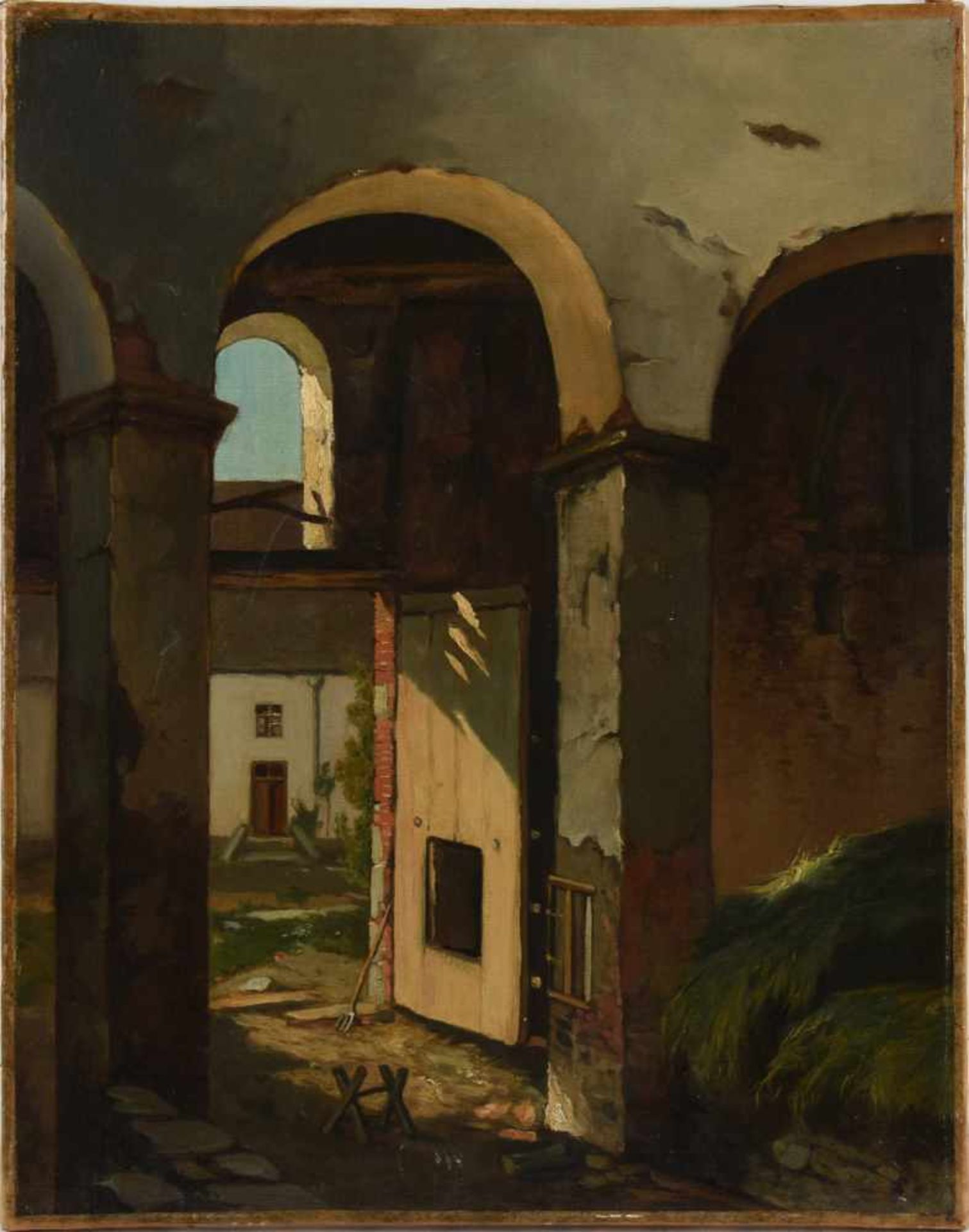 Unsigniert Öl/Lwd., Blick durch Torbogen in bäuerlichen Innenhof, ungerahmt, ca. 54,5 x 43 cm, um - Bild 2 aus 2