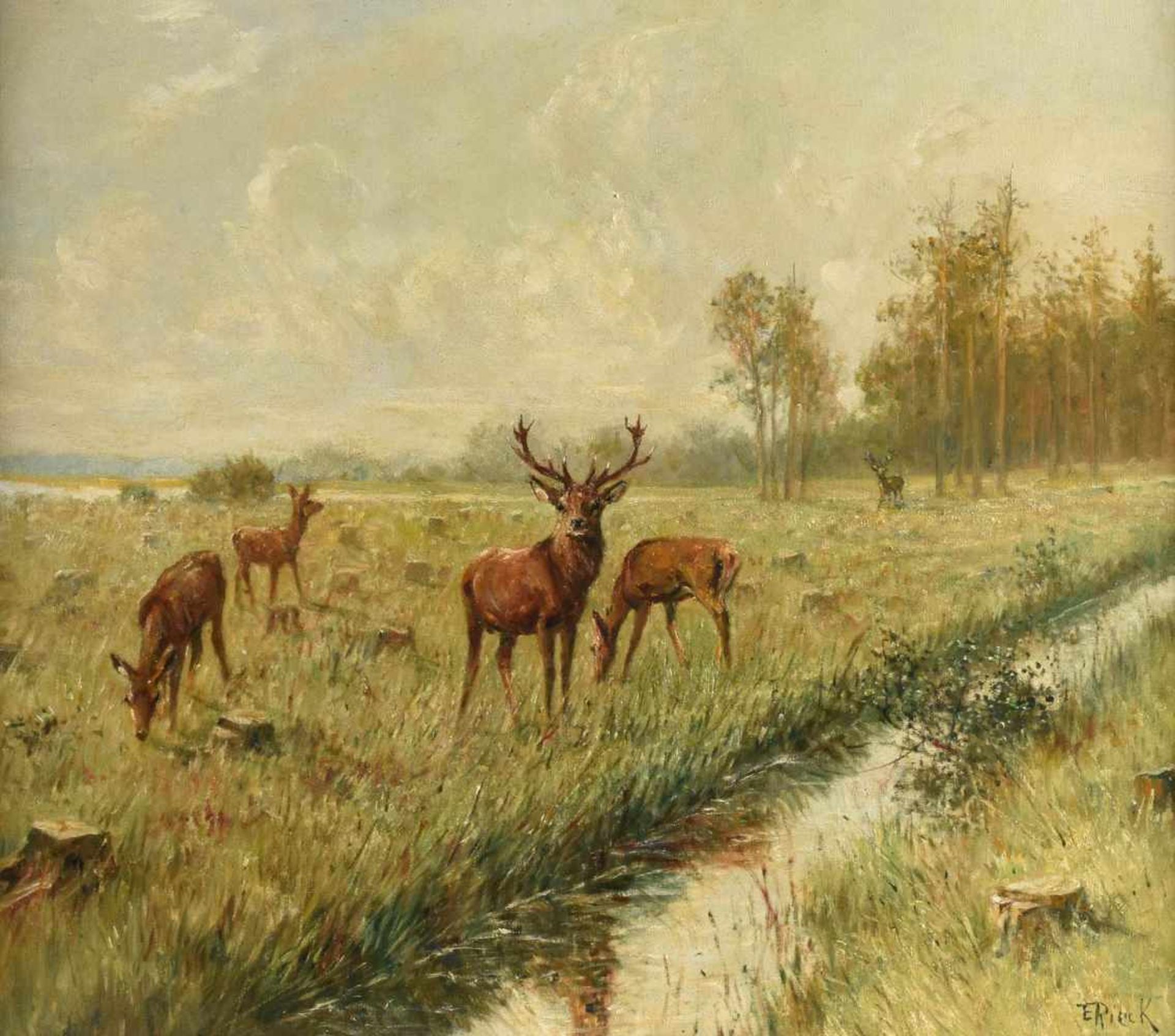 Rieck, Emil (1852 Hamburg - 1938 Moritzburg) Öl/Lwd., Landschaft mit Bachlauf und äsenden Rotwild, - Bild 2 aus 2