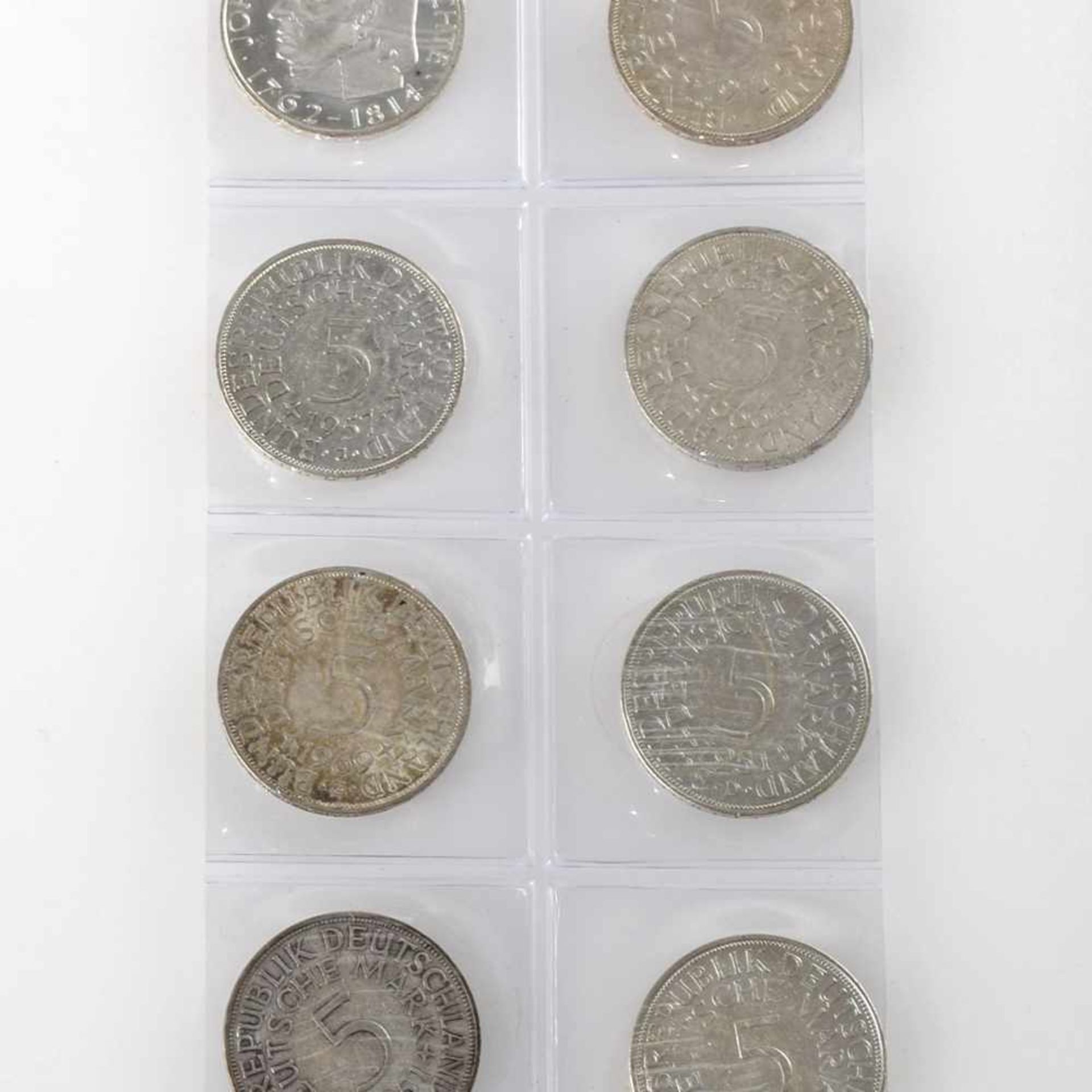 Konvolut Silbermünzen Bundesrepublik insg. 9 Silbermünzen, dabei: 1 x 5 Mark, 625/1000, 11,2 g, D