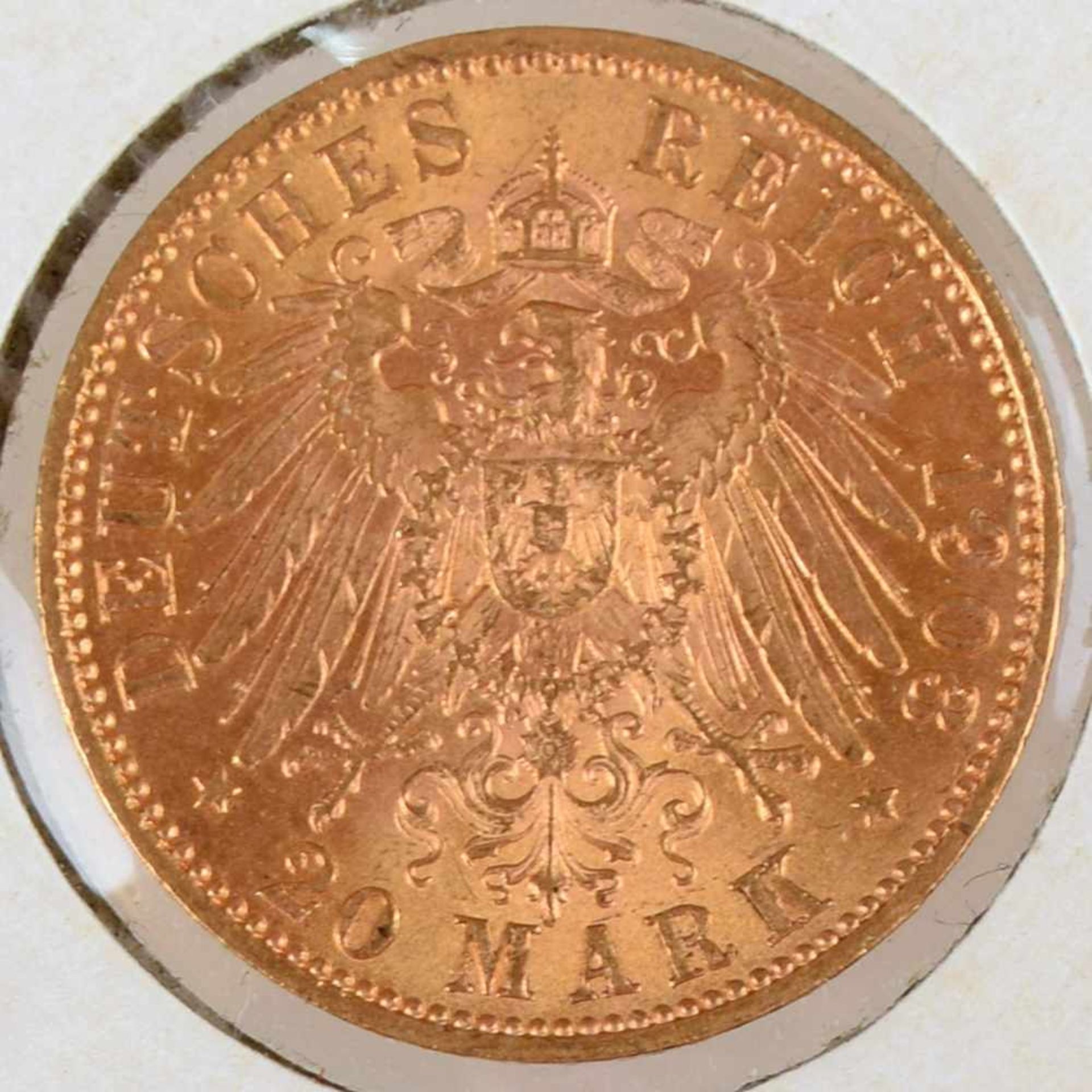 Goldmünze Kaiserreich - Sachsen 1903 20 Mark in Gold, 900/1000, 7,97 g, av. Georg König von - Bild 3 aus 3