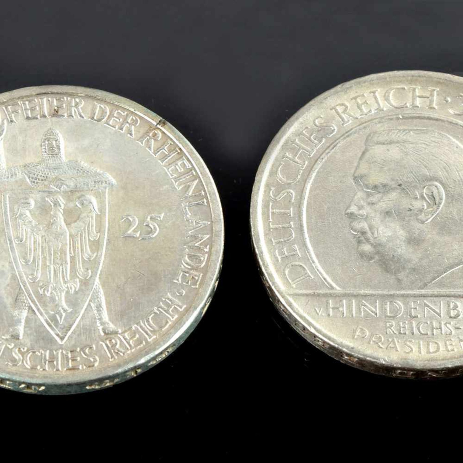 Paar Silbermünzen Weimarer Republik 1 x 3 Reichsmark "Jahrtausendfeier der Rheinlande" 1925 (J)