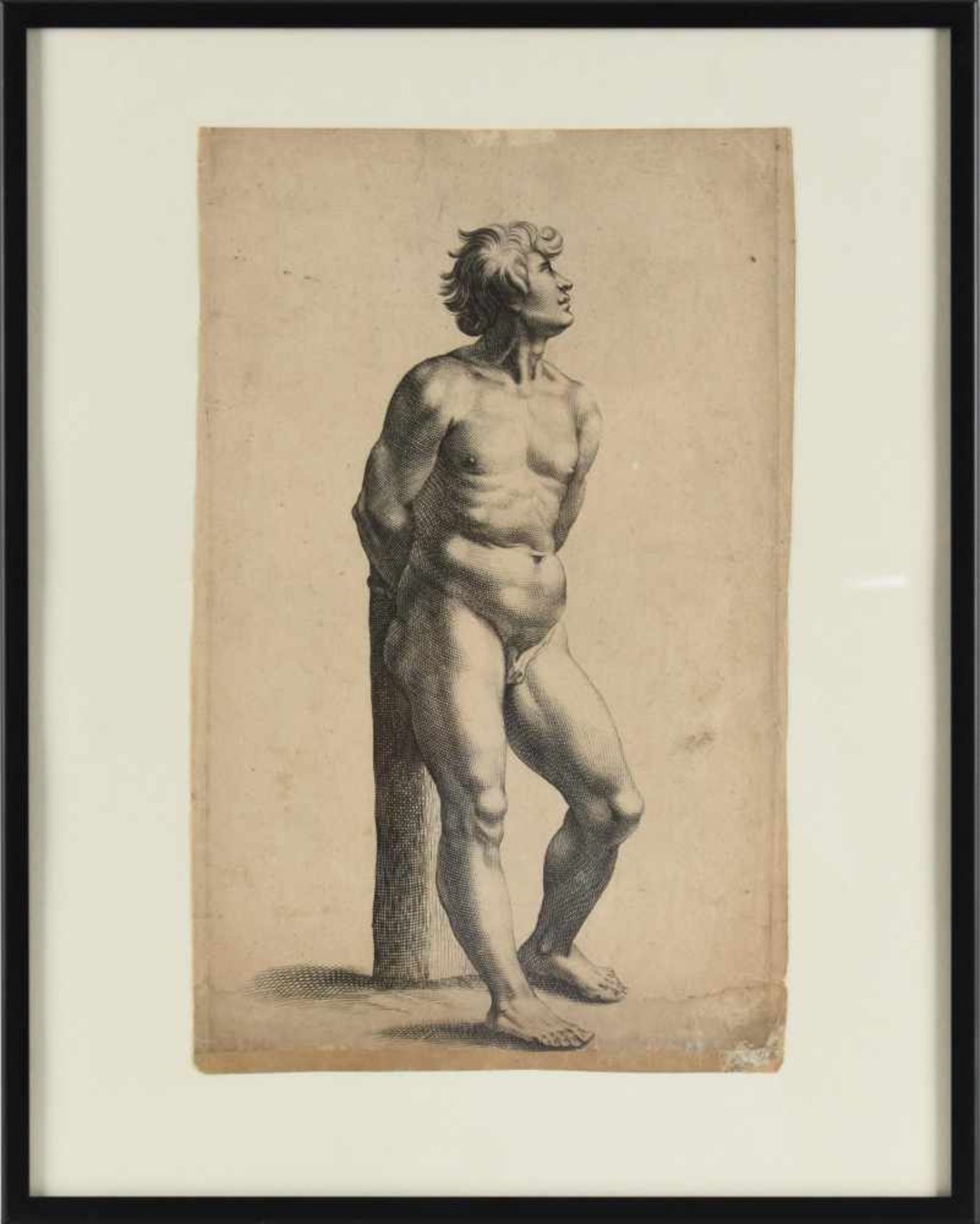 Unbekannter Stecher Kupferstich, männlicher Akt mit nach oben gerichtetem Blick, mit den Händen an - Bild 3 aus 3