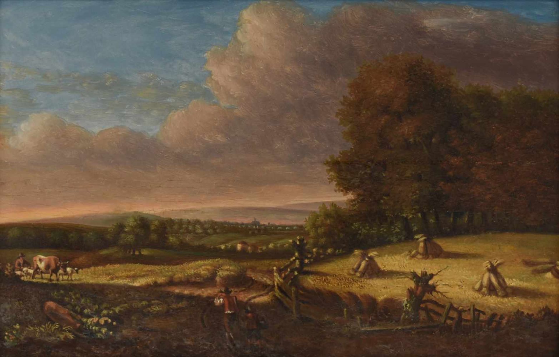 Unbekannter Künstler Öl/Holz, spätsommerliche Landschaft mit Blick über Felder mit Personenstaffage, - Bild 2 aus 2