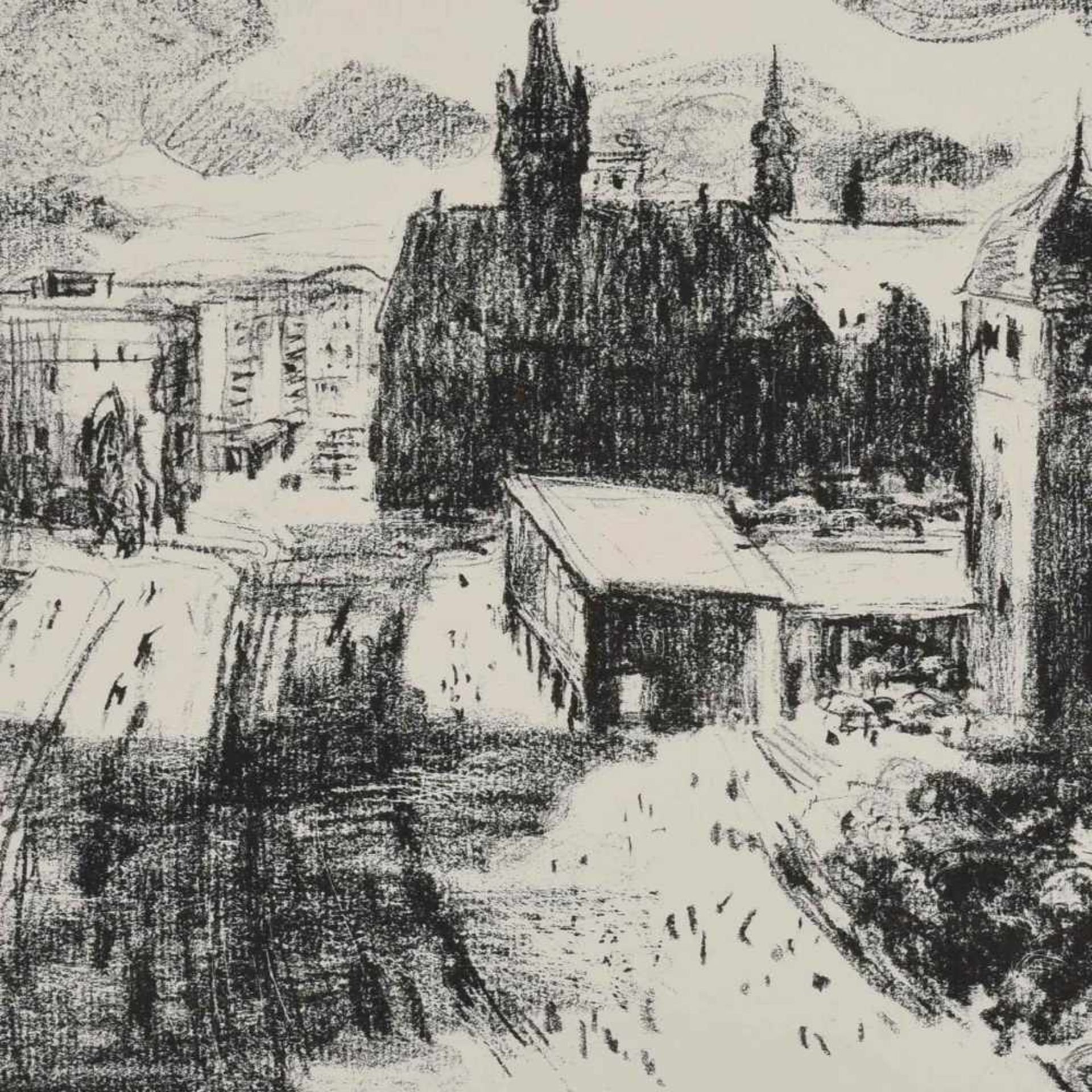 Schestak, Will (1918 Mariaschein - 2012 Burgstädt) Lithografie, "Chemnitz", Blick auf den Chemnitzer