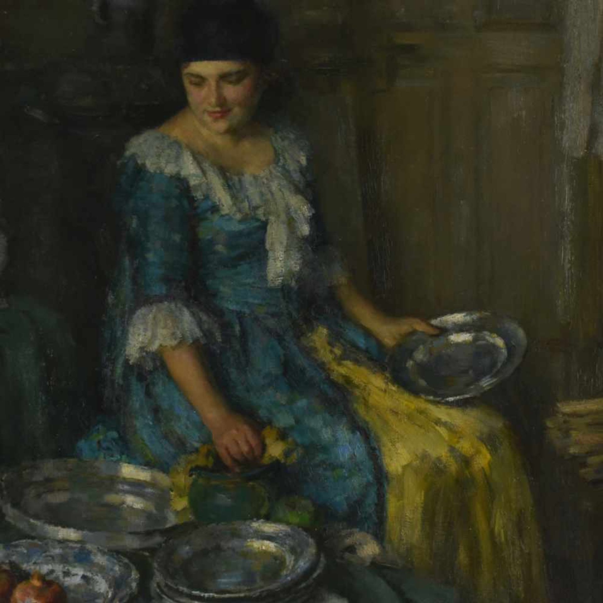 Muhrmann, Ludwig (1886 Iserlohn - 1970 Dresden) Öl/Lwd., Dienstmädchen bei der Hausarbeit, rechts