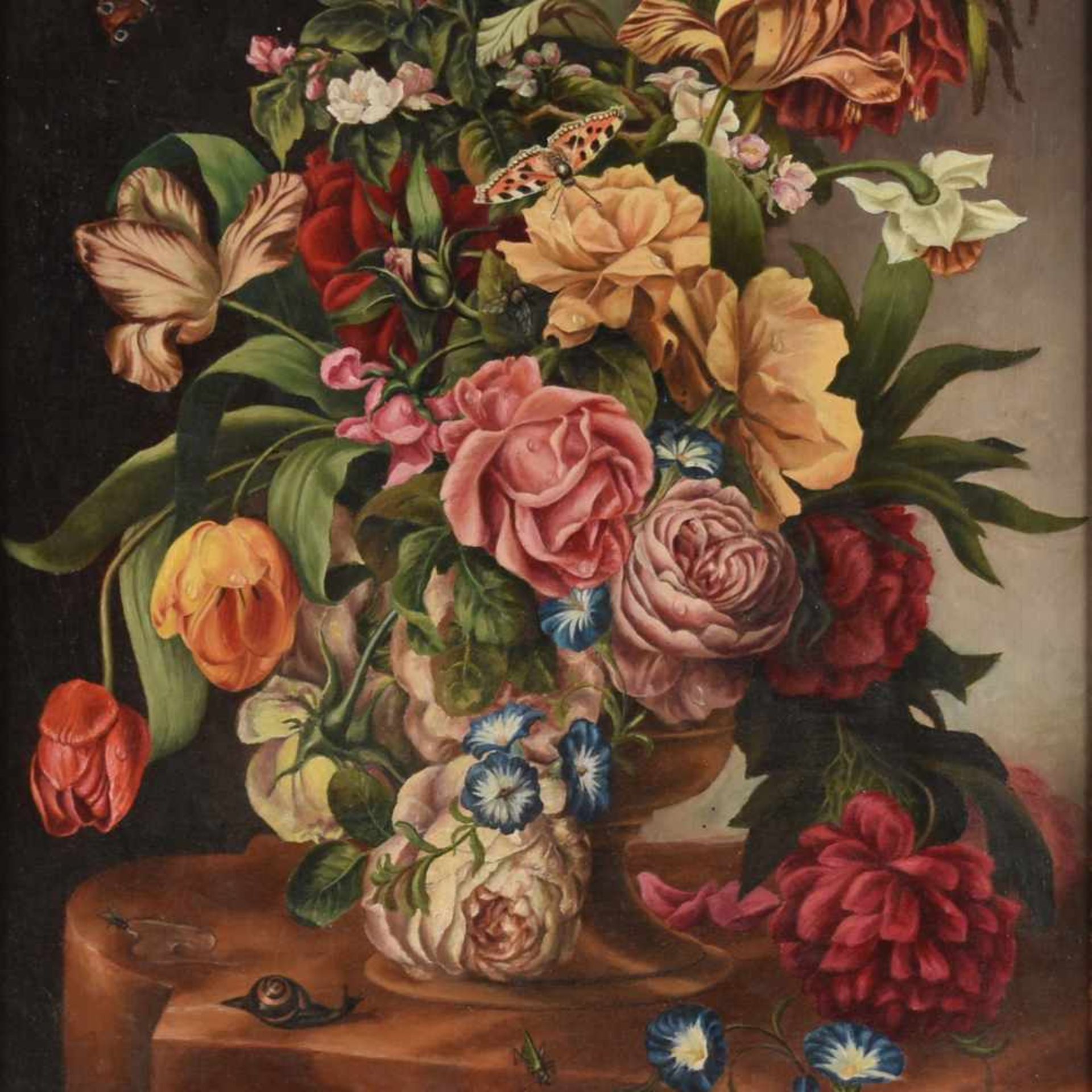 Strobel, Karl (1900 - 1969) Öl/Lwd. auf Holz, Blumenstillleben mit Insekten in der Manier des 17.