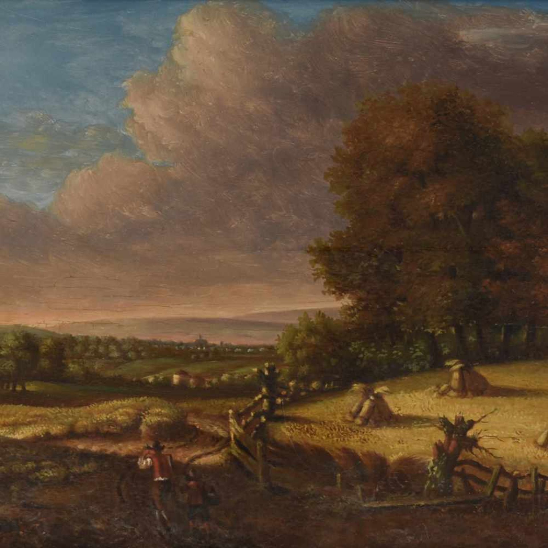 Unbekannter Künstler Öl/Holz, spätsommerliche Landschaft mit Blick über Felder mit Personenstaffage,