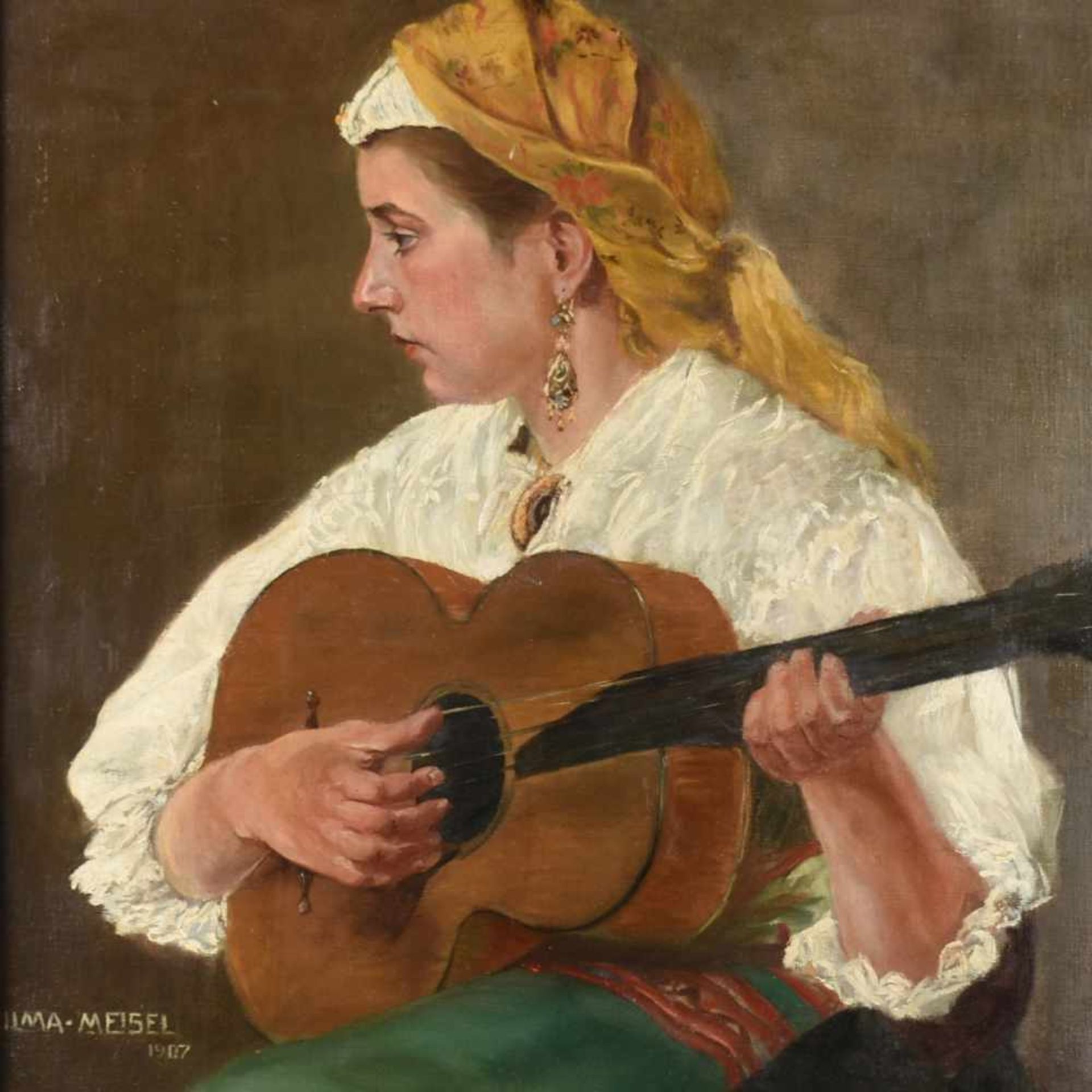 Meisel, Vilma Öl/Lwd. auf Karton, Mandolinenspielerin, links unten signiert und datiert 1907,