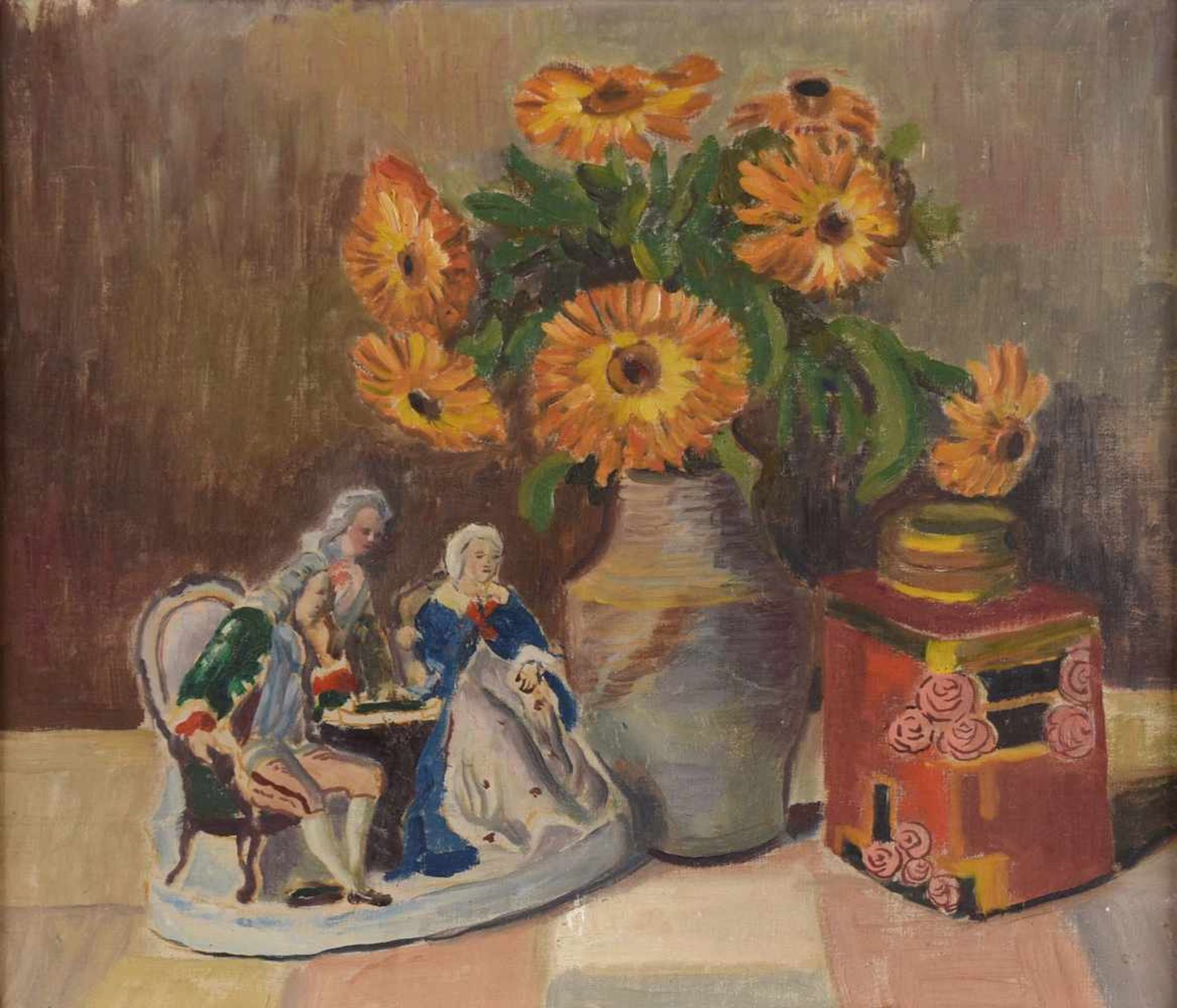Streubel, Alfred (1861 Chemnitz - 1947 ebd.) attr. Öl/Lwd., Blumenstillleben mit Porzellanfigur - Bild 2 aus 3