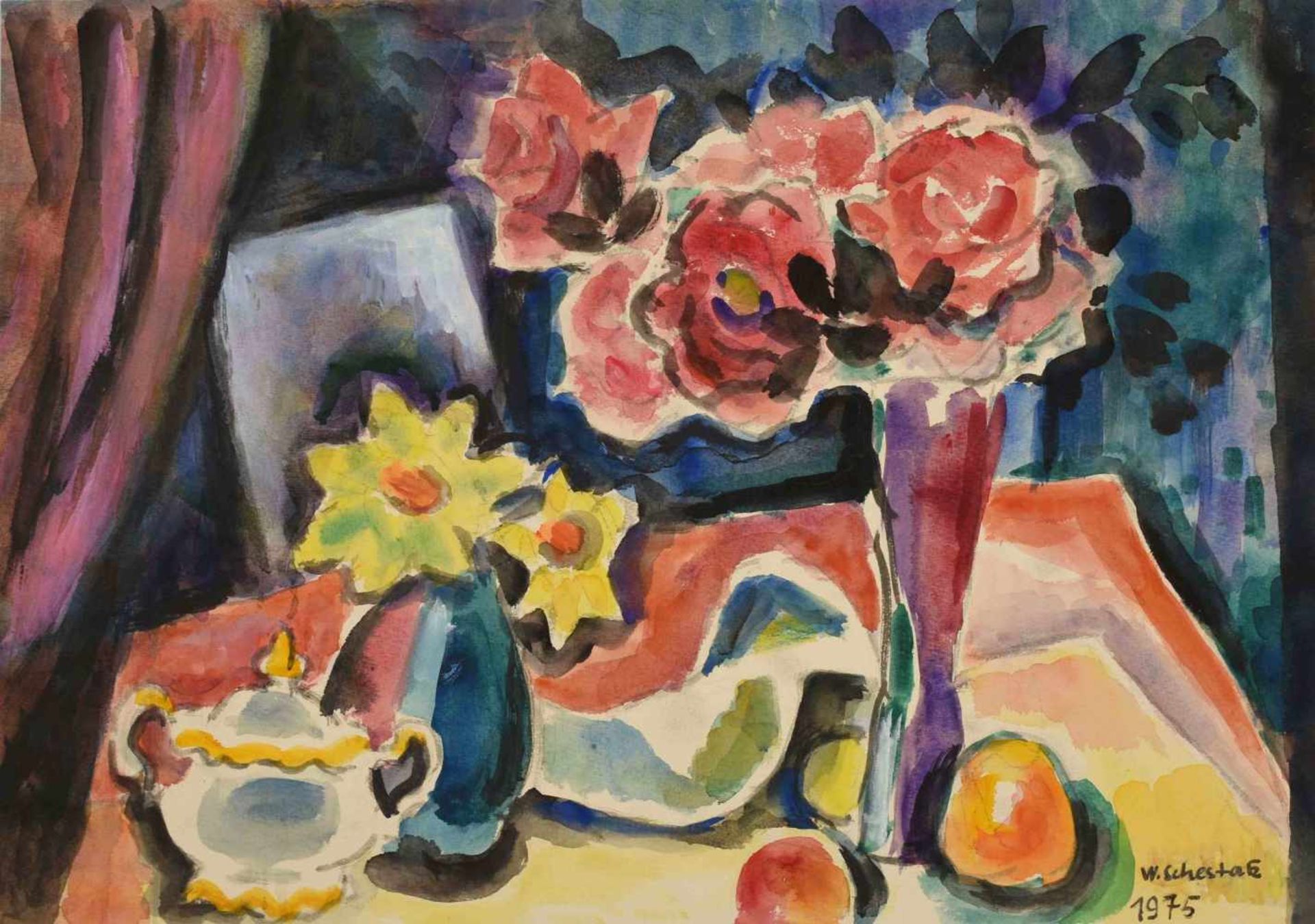 Schestak, Will (1918 Mariaschein - 2012 Burgstädt) Aquarell über Blei, "Zwei Vasen", rechts unten - Bild 2 aus 3