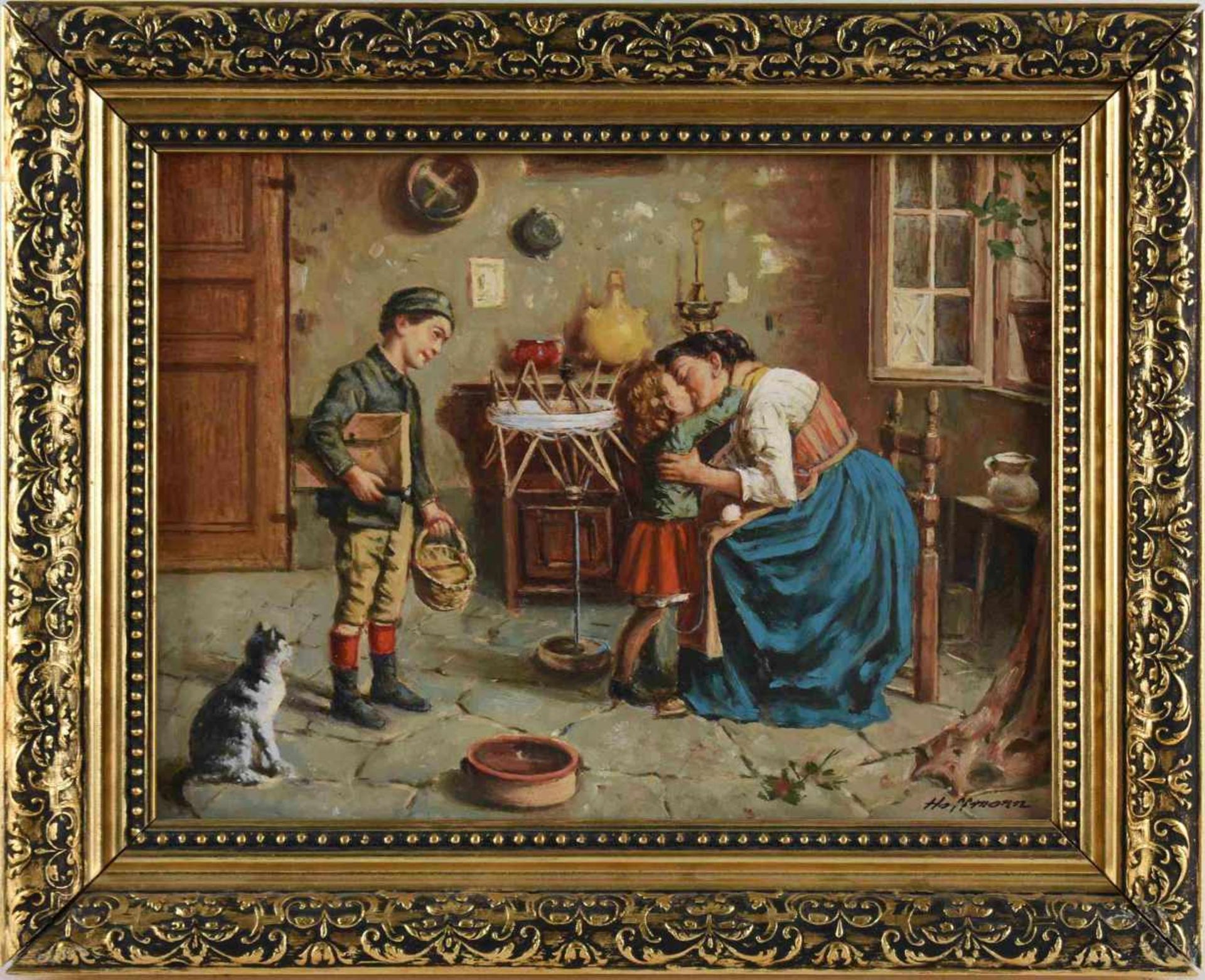 Hoffmann Öl/Lwd., "Verabschiedung von der Mutter", rechts unten signiert, gerahmt, ca. 30 x 40 cm, - Bild 3 aus 4