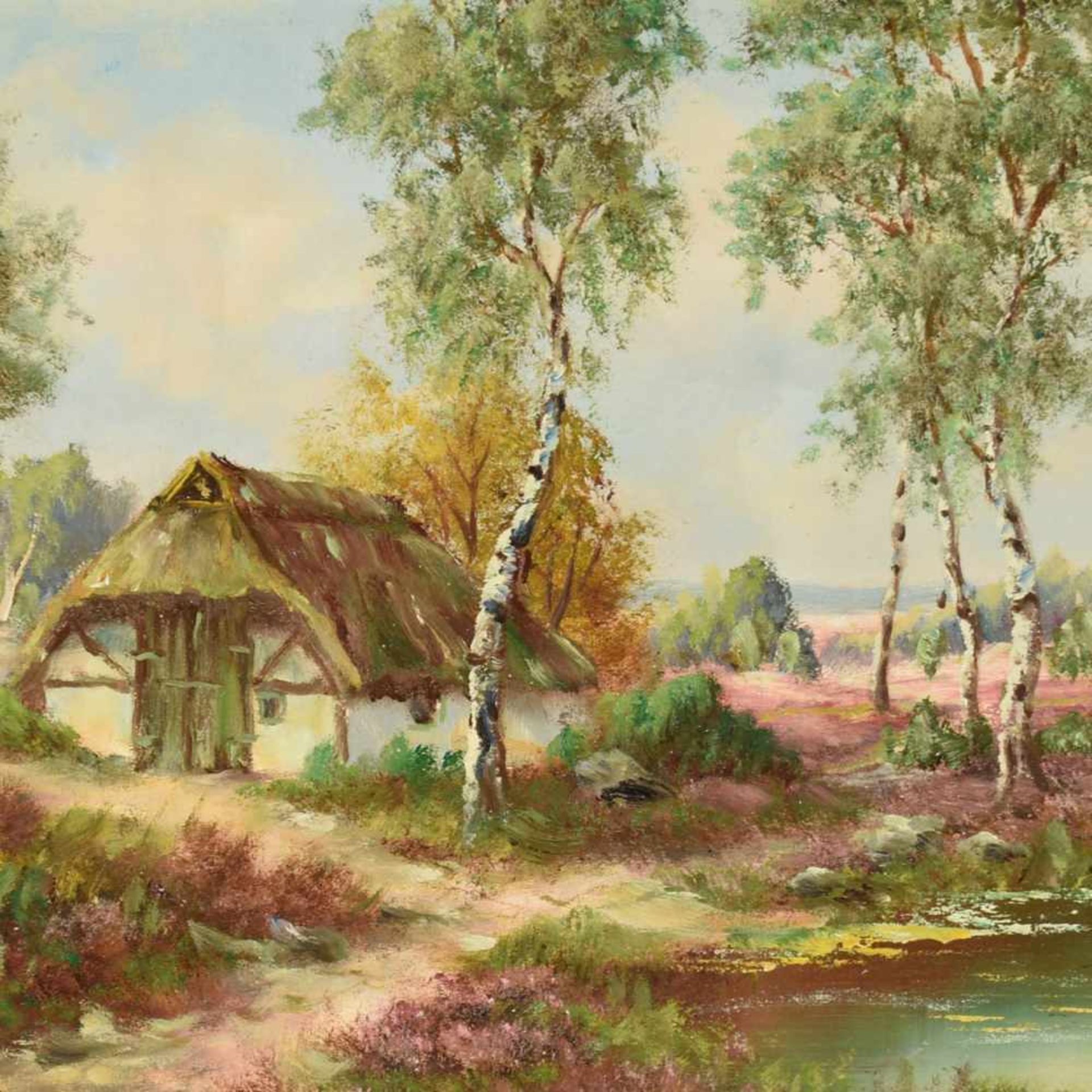 Hahn, W. Öl/Lwd., Heidelandschaft mit Bauernkate, links unten signiert, gerahmt, ca. 30 x 40 cm, mit