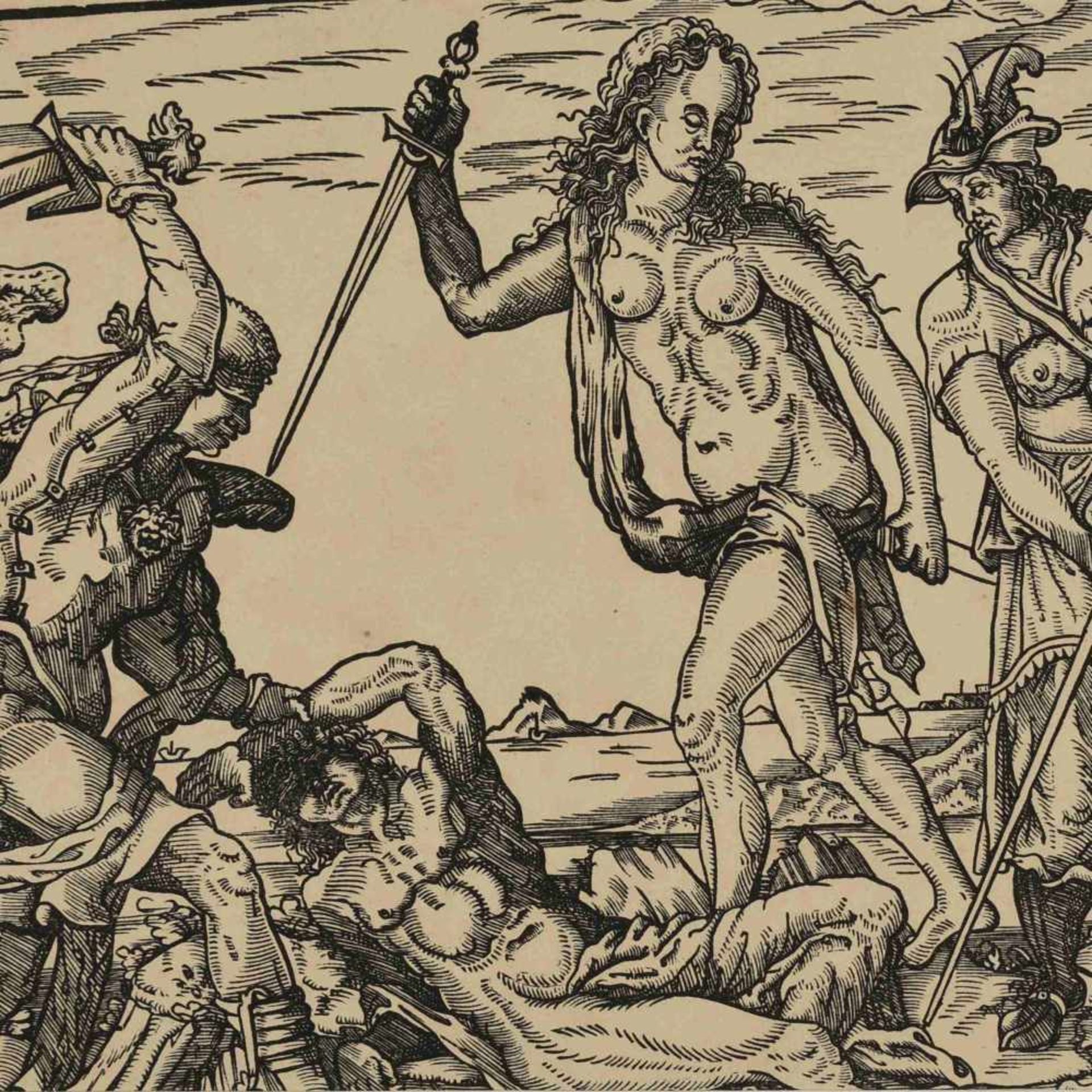 Deutscher Künstler des 16. Jahrhunderts Holzschnitt, allegorische Darstellung, Gerechtigkeit und