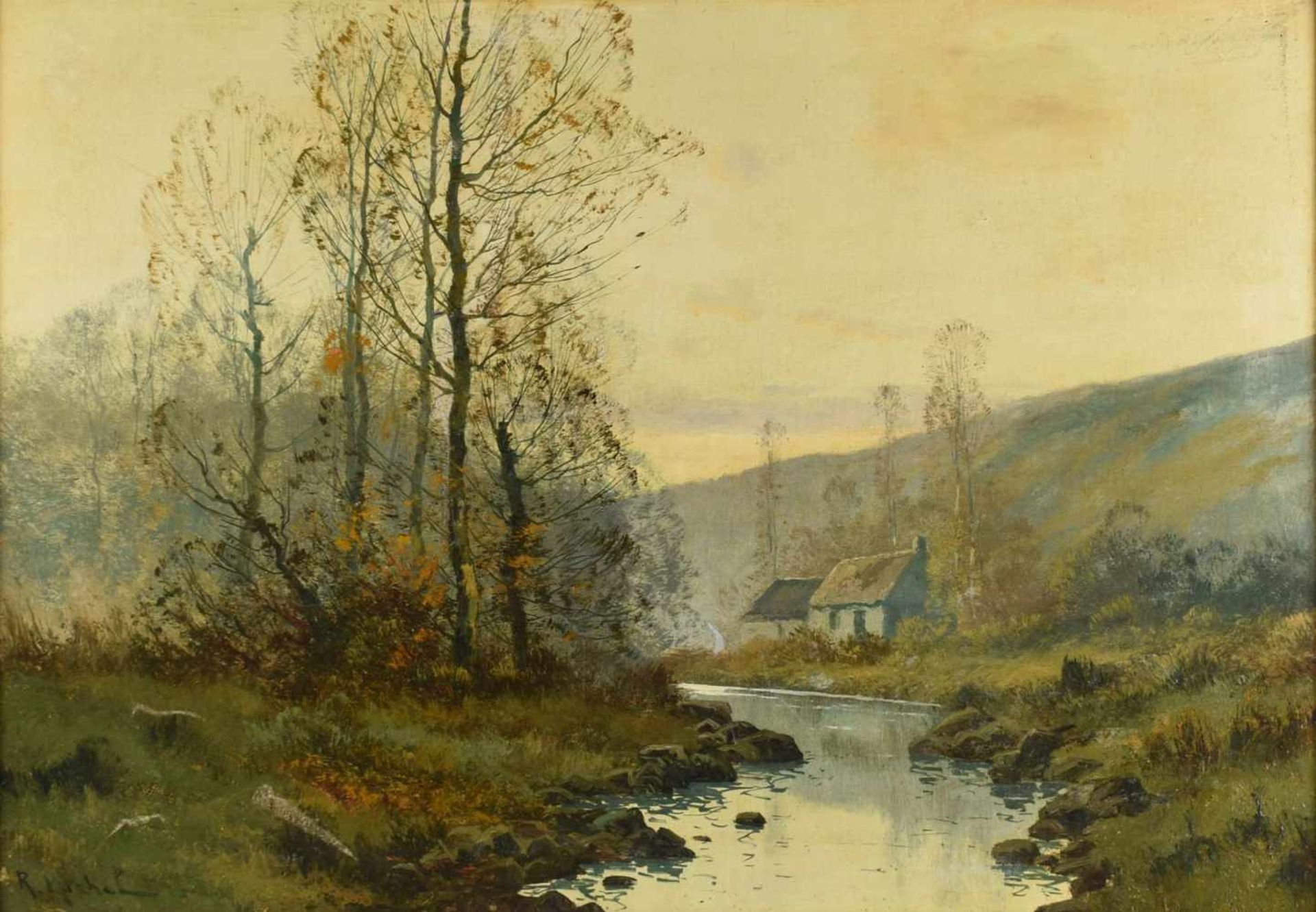 Michal, R. (wohl für Eugène Galien-Laloue, 1854 -1941) Öl/Lwd., Landschaft mit Bach und Häusern, - Bild 2 aus 2