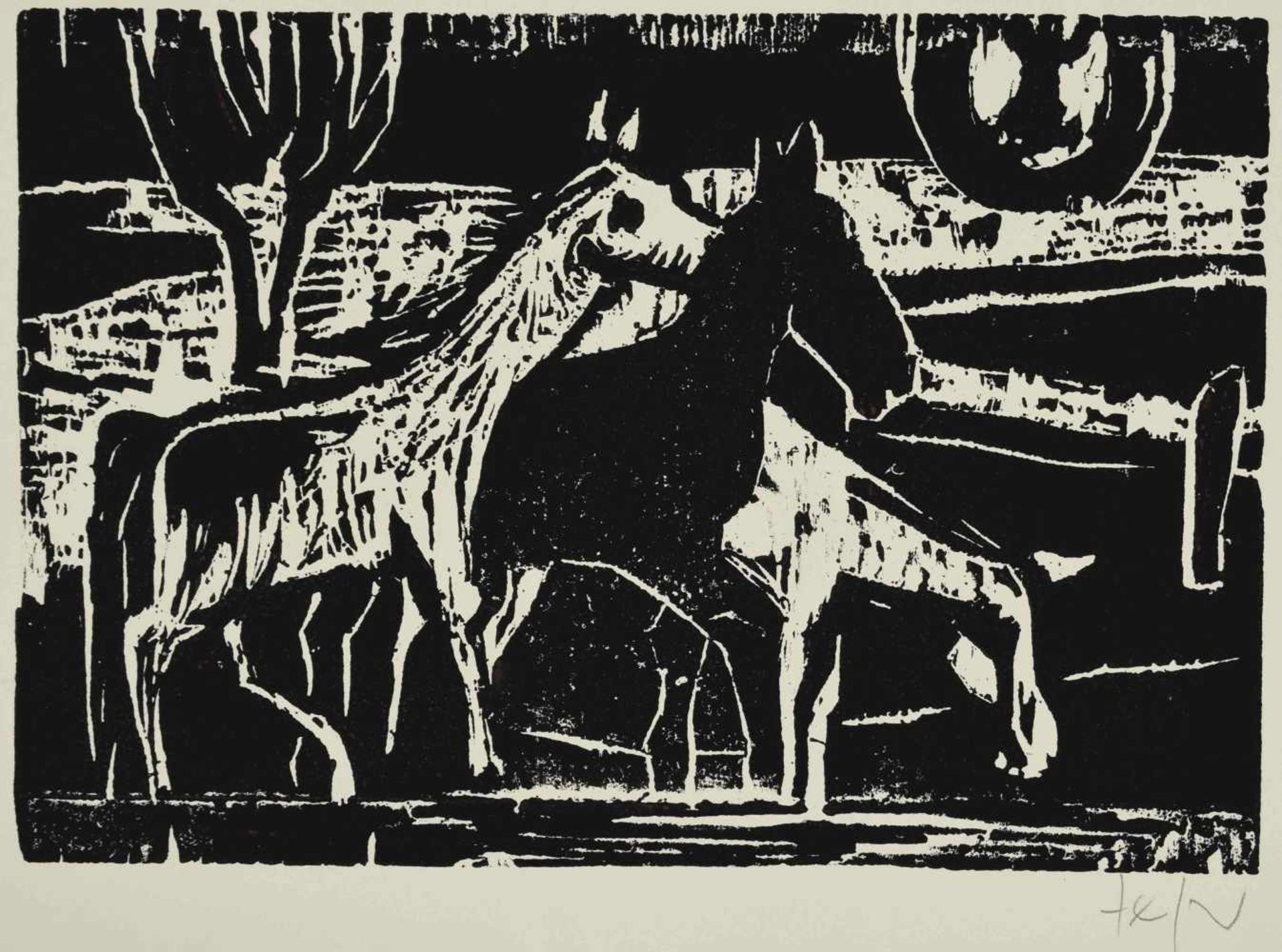 Tetzner, Heinz (1920 Gersdorf - 2007 ebd.) Holzschnitt auf feinem Bütten, "Pferde auf der Koppel", - Bild 2 aus 3