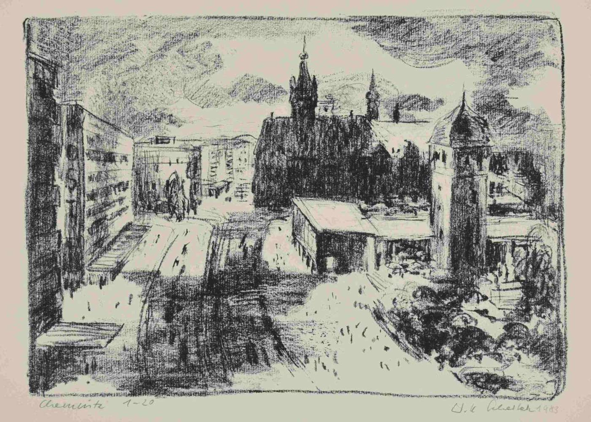 Schestak, Will (1918 Mariaschein - 2012 Burgstädt) Lithografie, "Chemnitz", Blick auf den Chemnitzer - Bild 2 aus 3